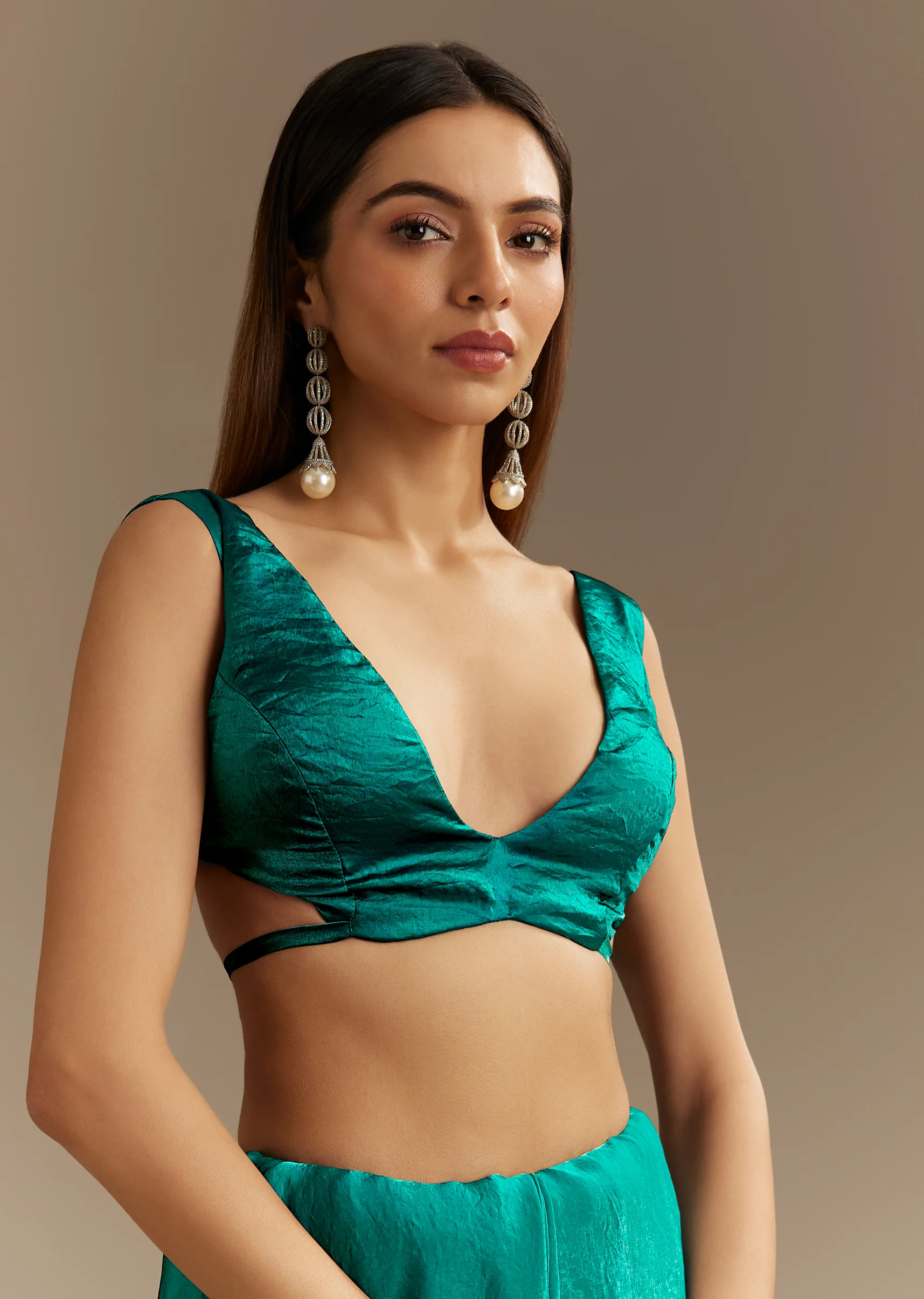 Teal Green Satin Saree With Zardosi Moti Embroidery And Scallop Border - Image 7