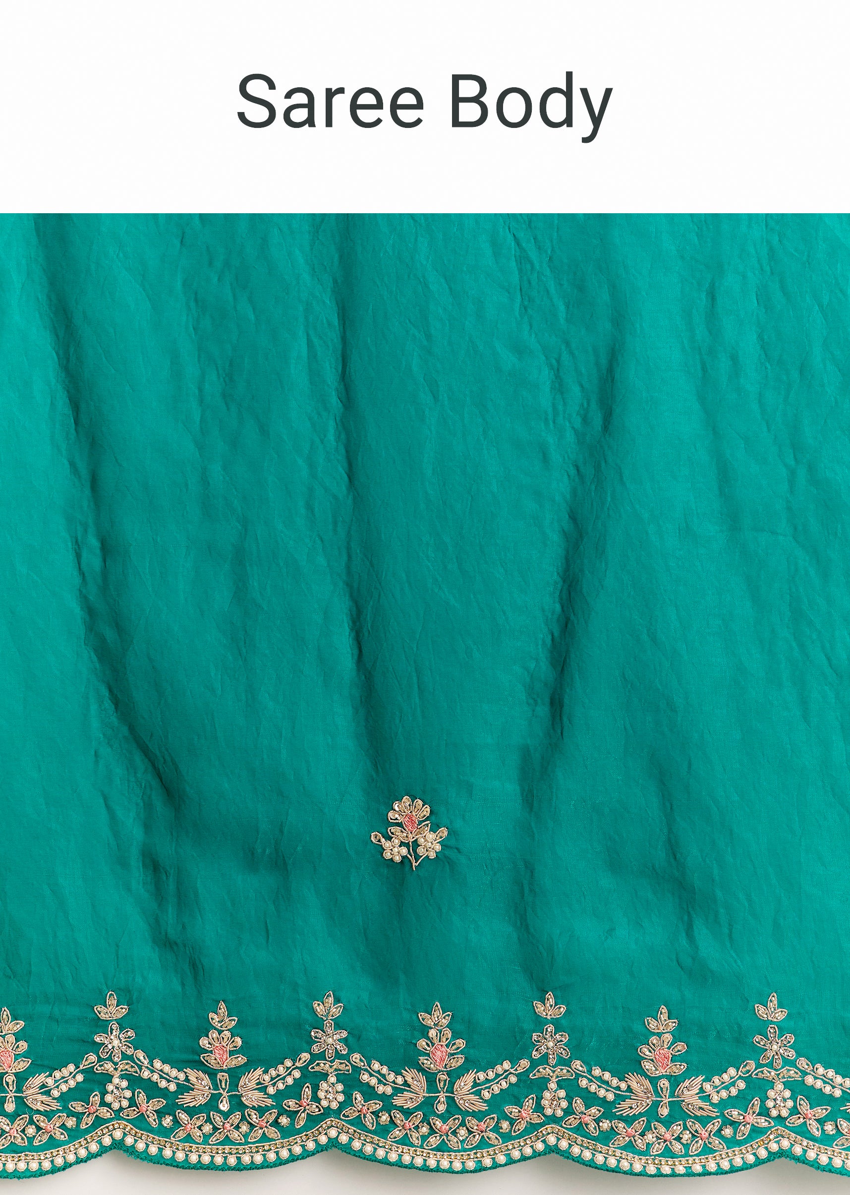 Teal Green Satin Saree With Zardosi Moti Embroidery And Scallop Border - Image 9