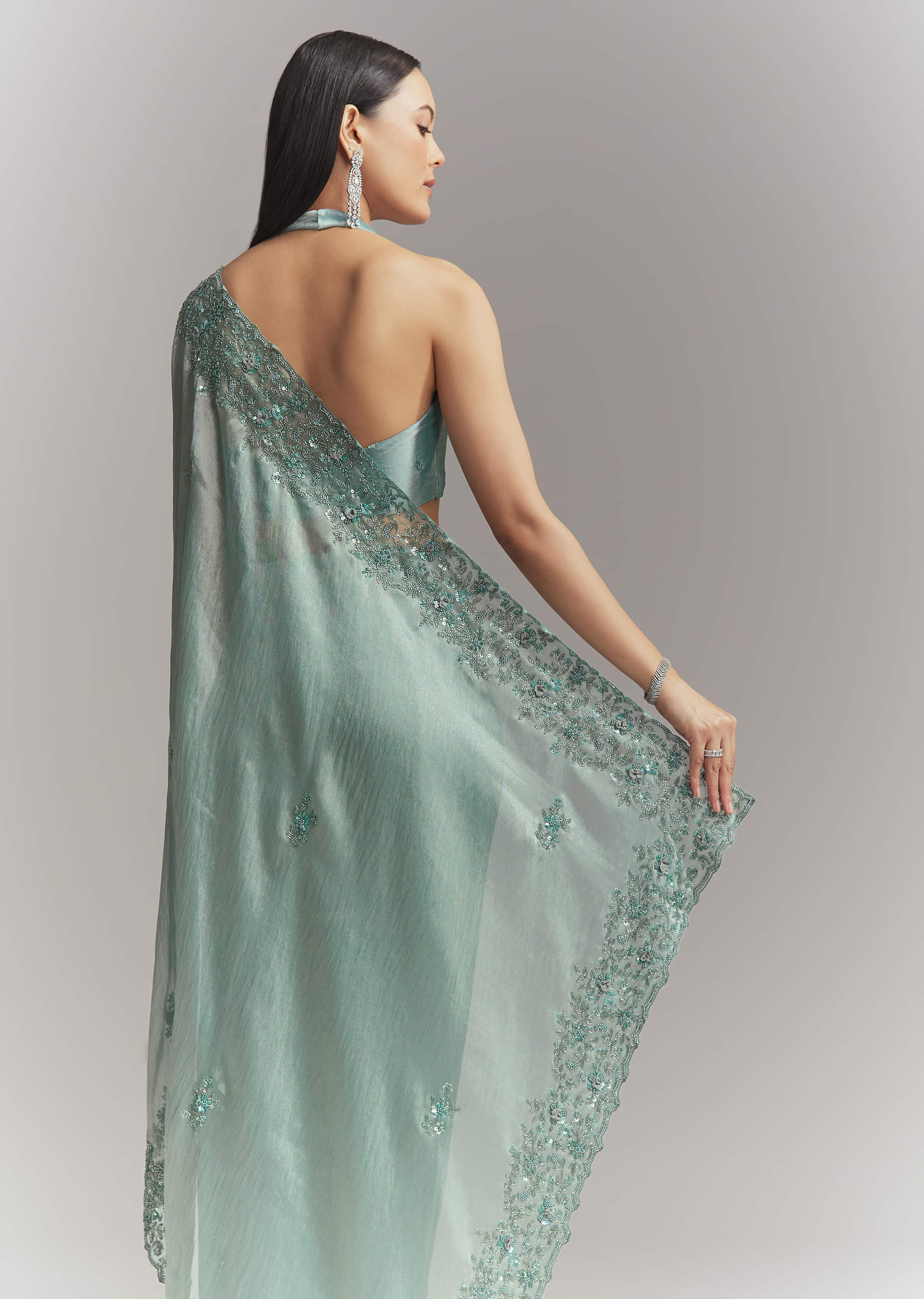 Teal Green Tissue Embroidered Saree With Heavy Hand Embroidery - Image 6
