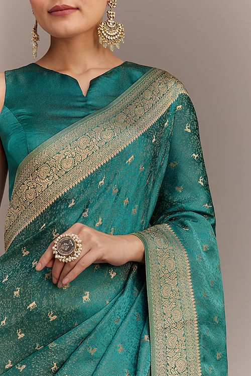 Teal Green Tissue Silk Saree With Zari Border Butti And Pallu - Image 3