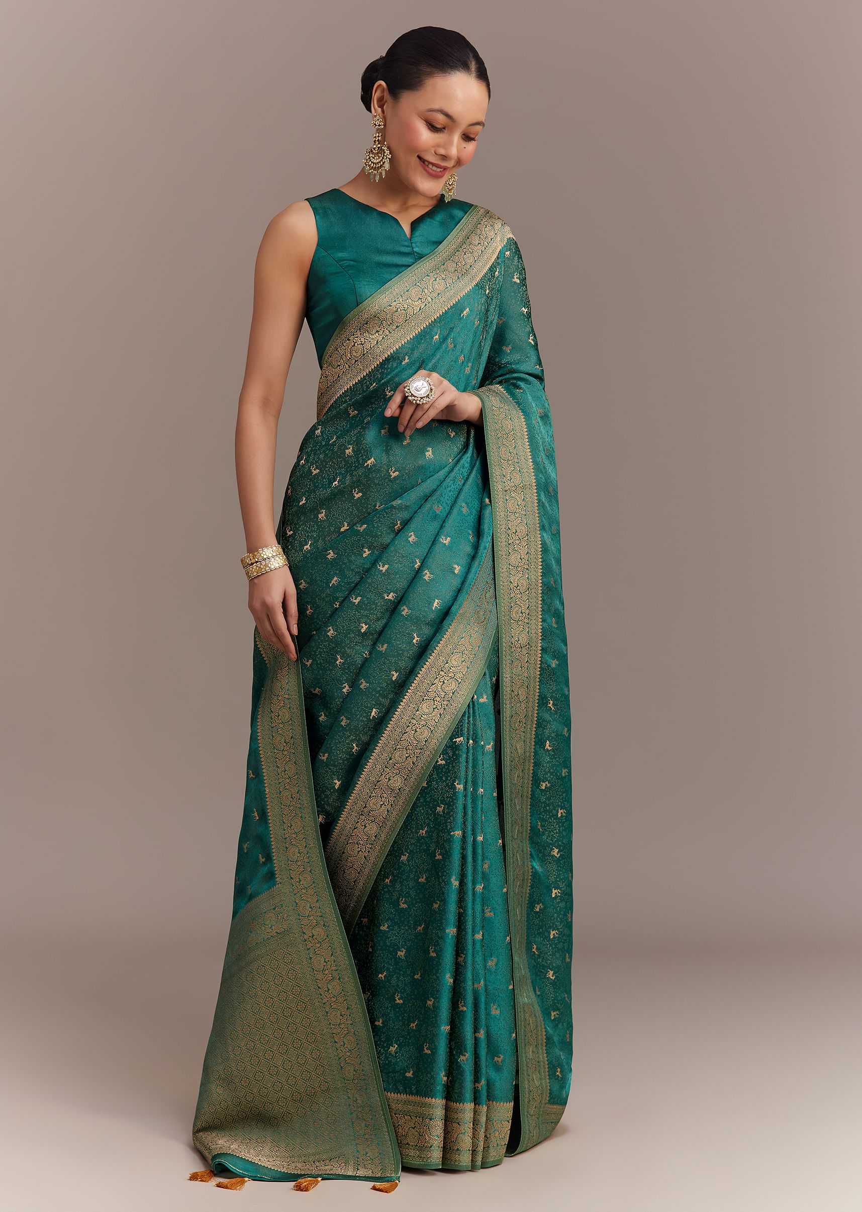Teal Green Tissue Silk Saree With Zari Border Butti And Pallu - Image 5