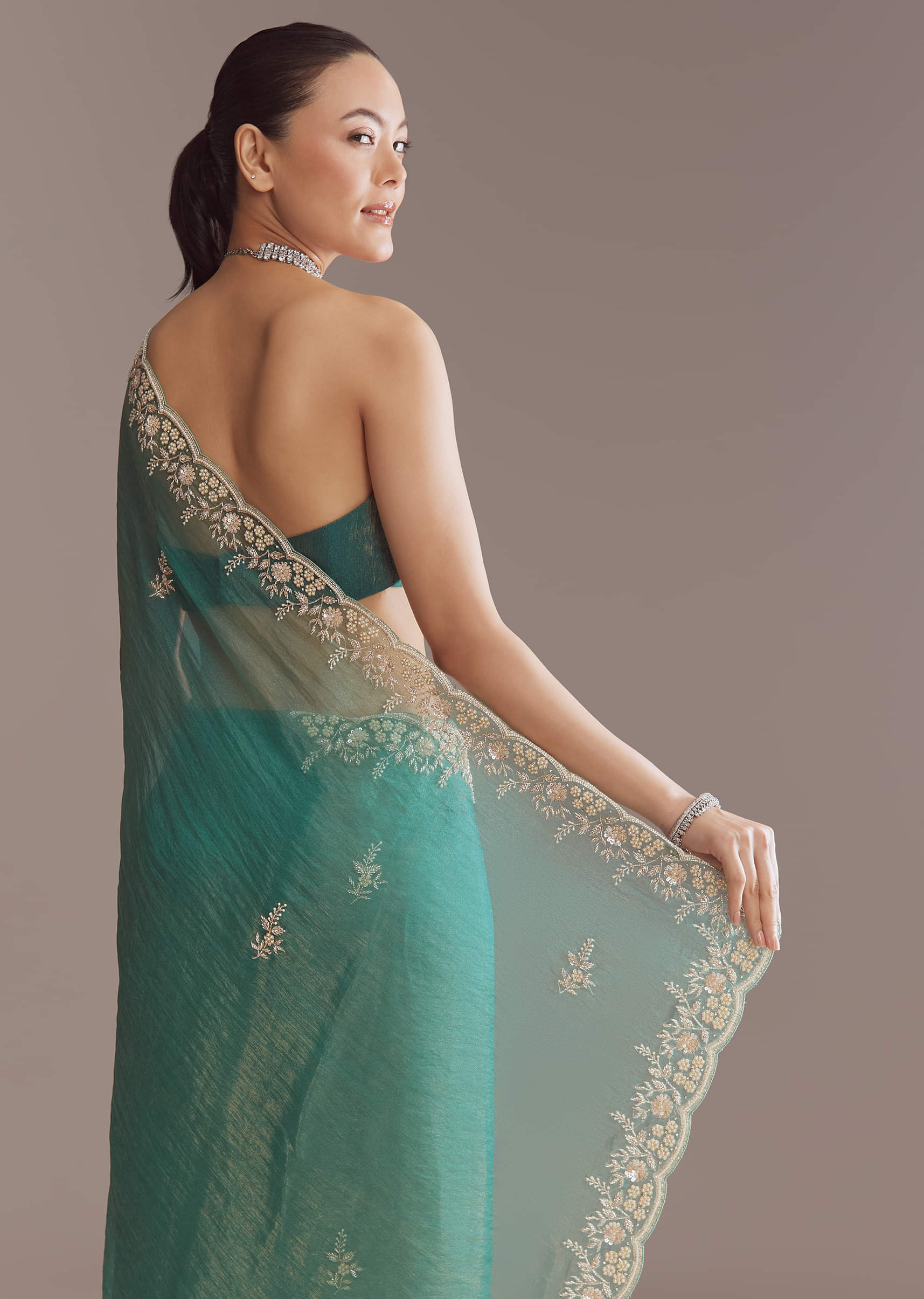 Teal Green Two Tone Tissue Saree With Sequin And Stone Embroidery - Image 5