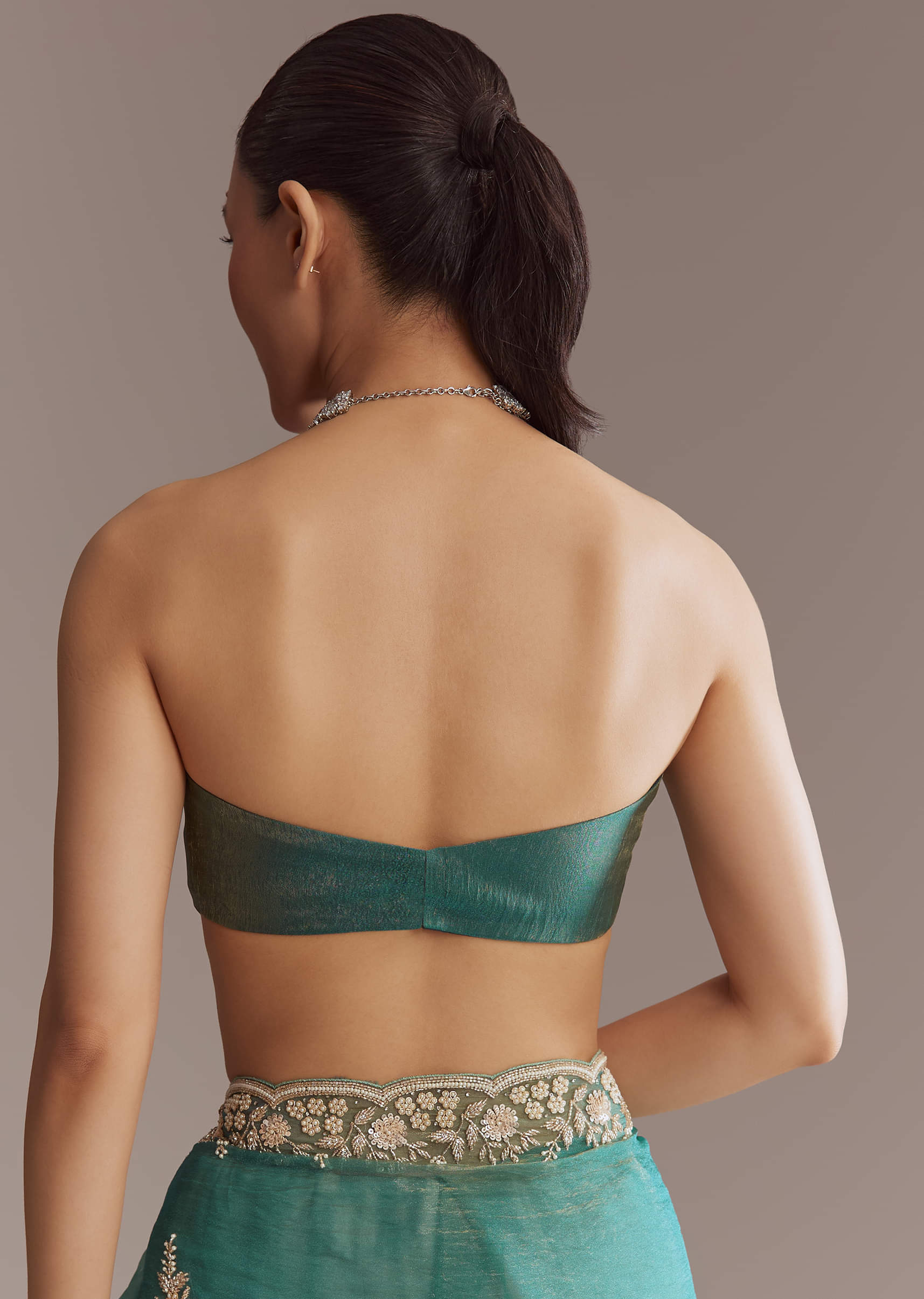 Teal Green Two Tone Tissue Saree With Sequin And Stone Embroidery - Image 7