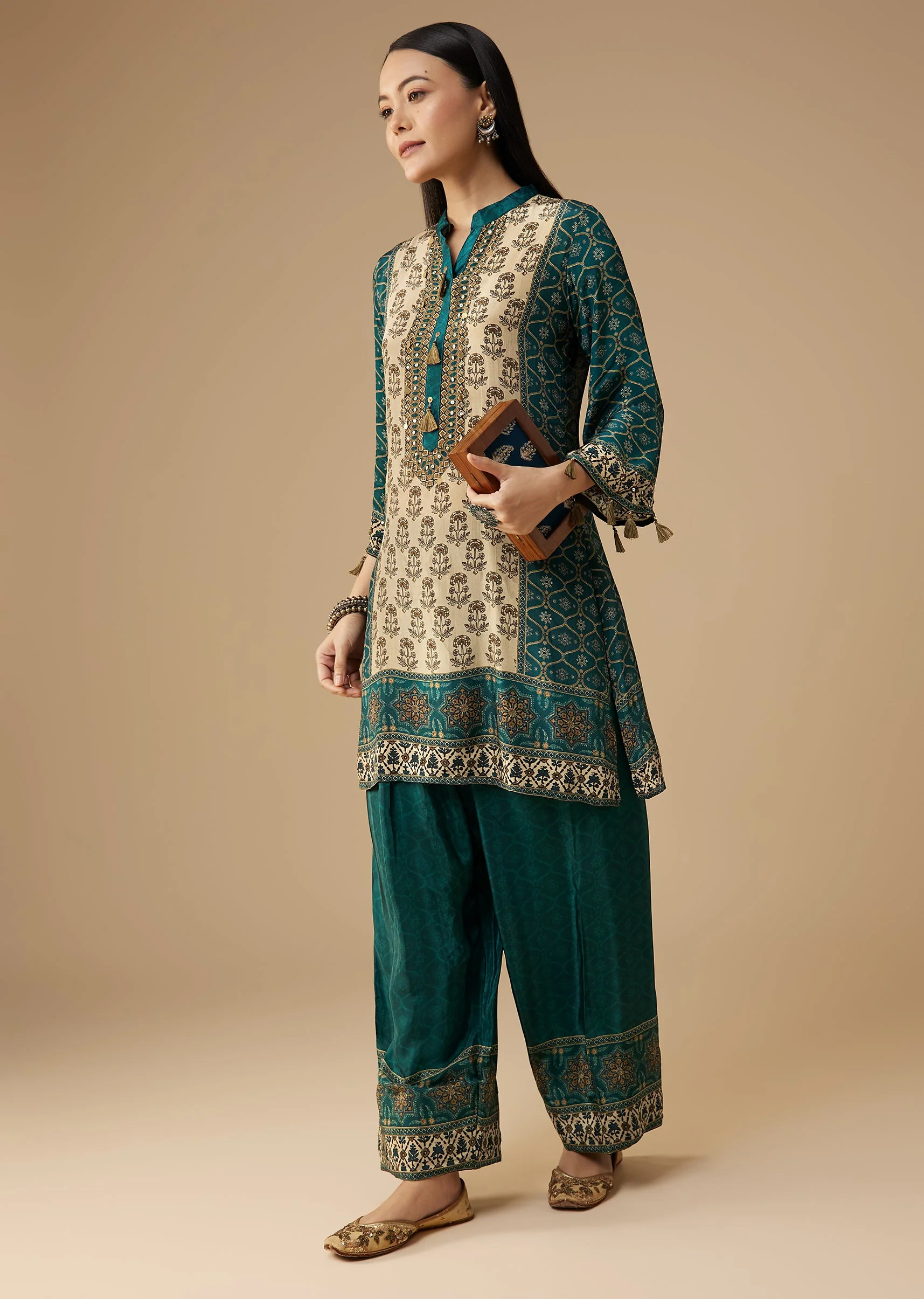 Teal Indie Printed Crepe Kurta Pant Set - Image 3