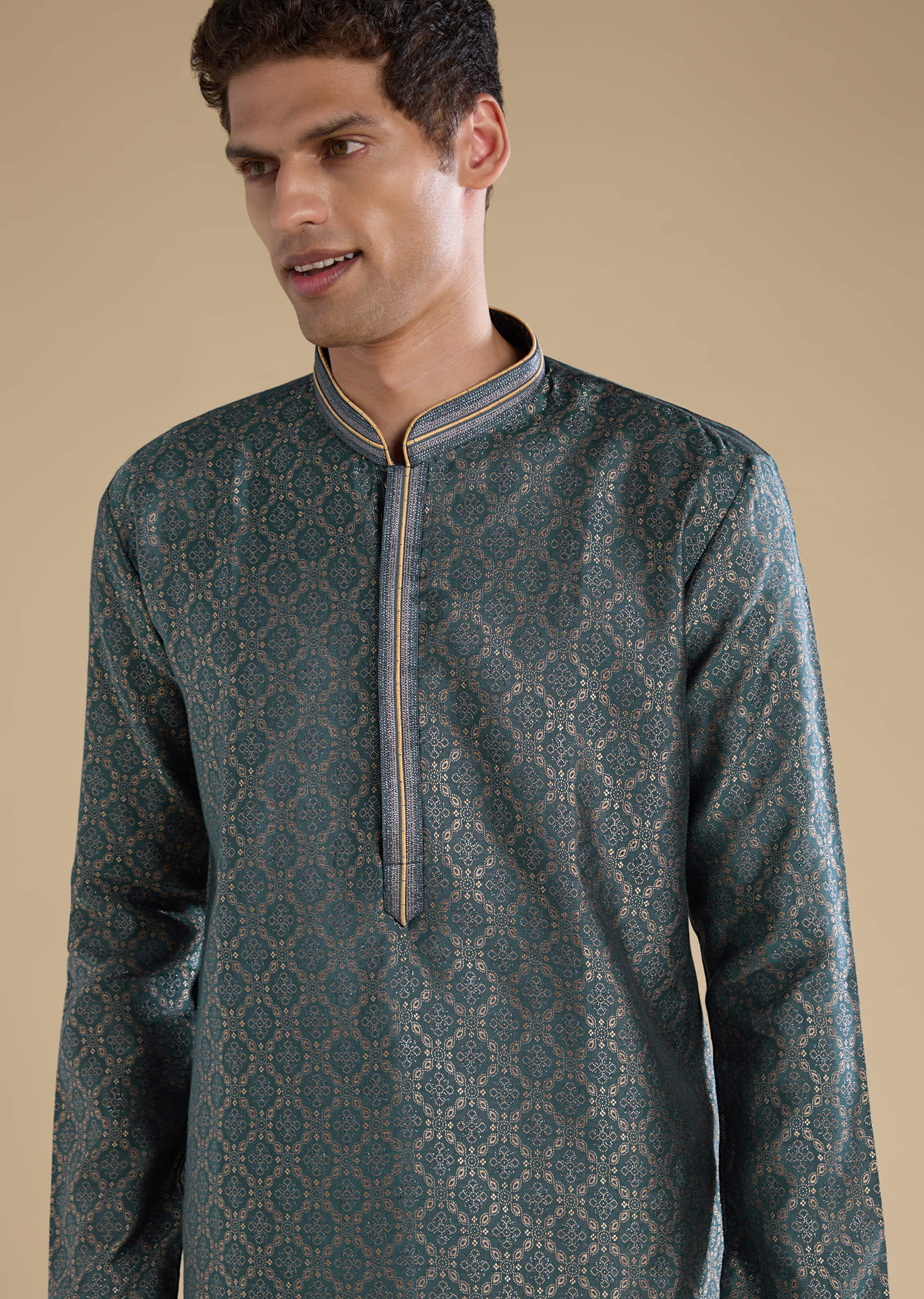 Teal Jacquard Self Work Mens Kurta Set - Image 2