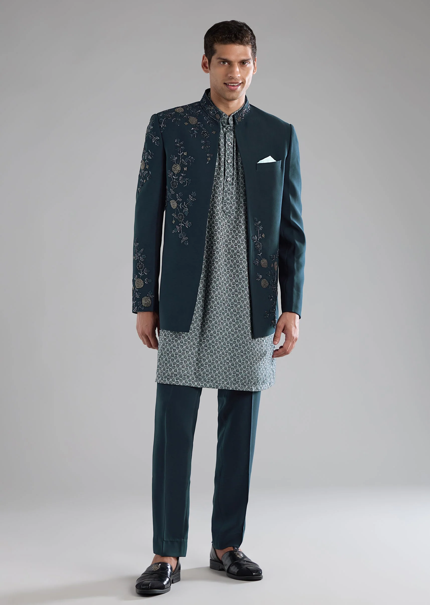Teal Jodhpuri Kurta Set with Resham Work - Image 3