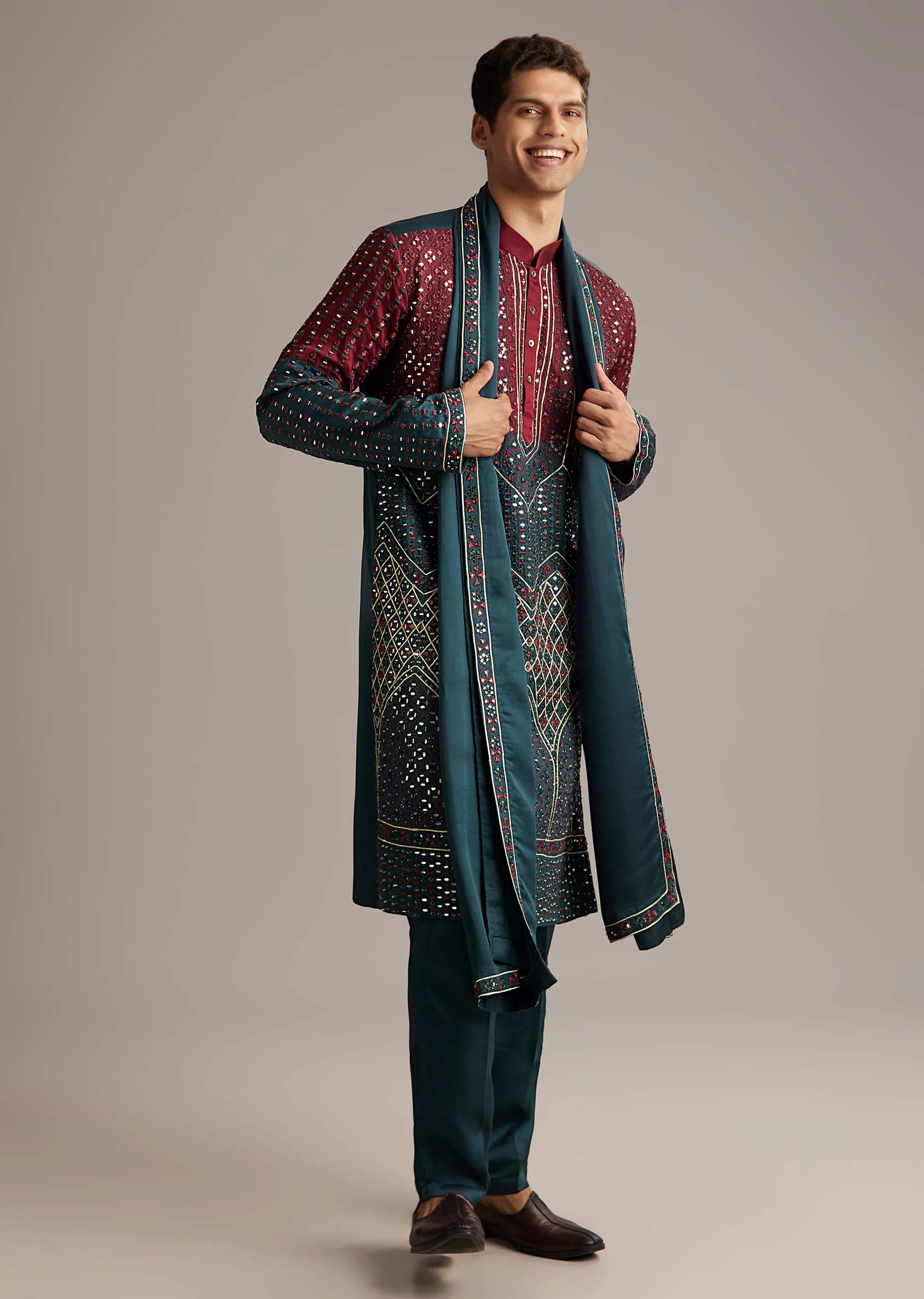 Teal Linen Kurta Set For Men With Mirror Work - Image 3