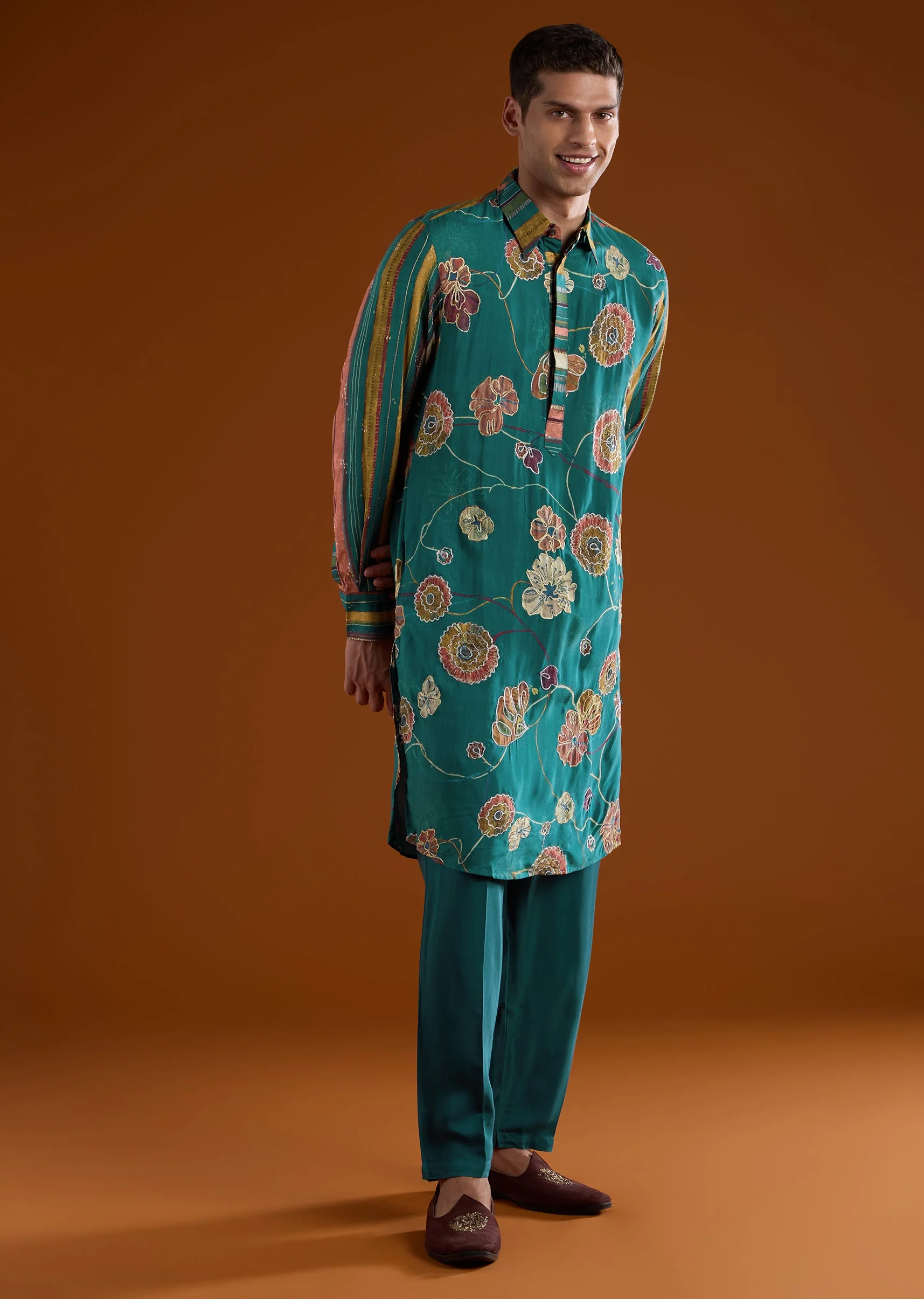 Teal Muslin Mens Kurta Set With Printed Kalamkari - Image 3