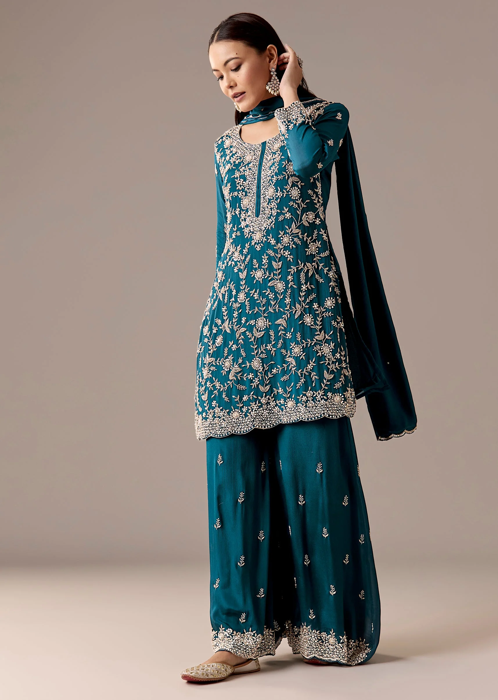 Teal Pakistani Style Palazzo Suit Set - Image 3