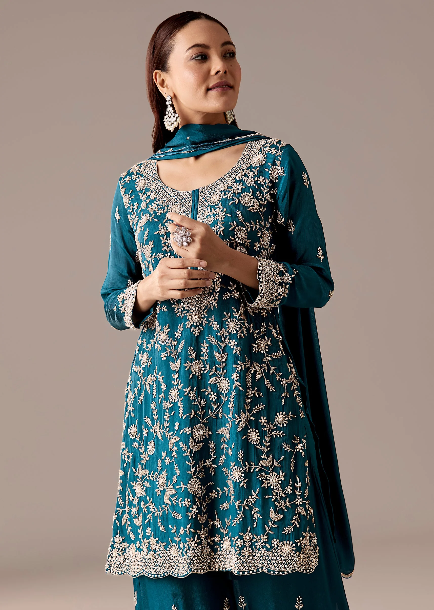 Teal Pakistani Style Palazzo Suit Set - Image 4