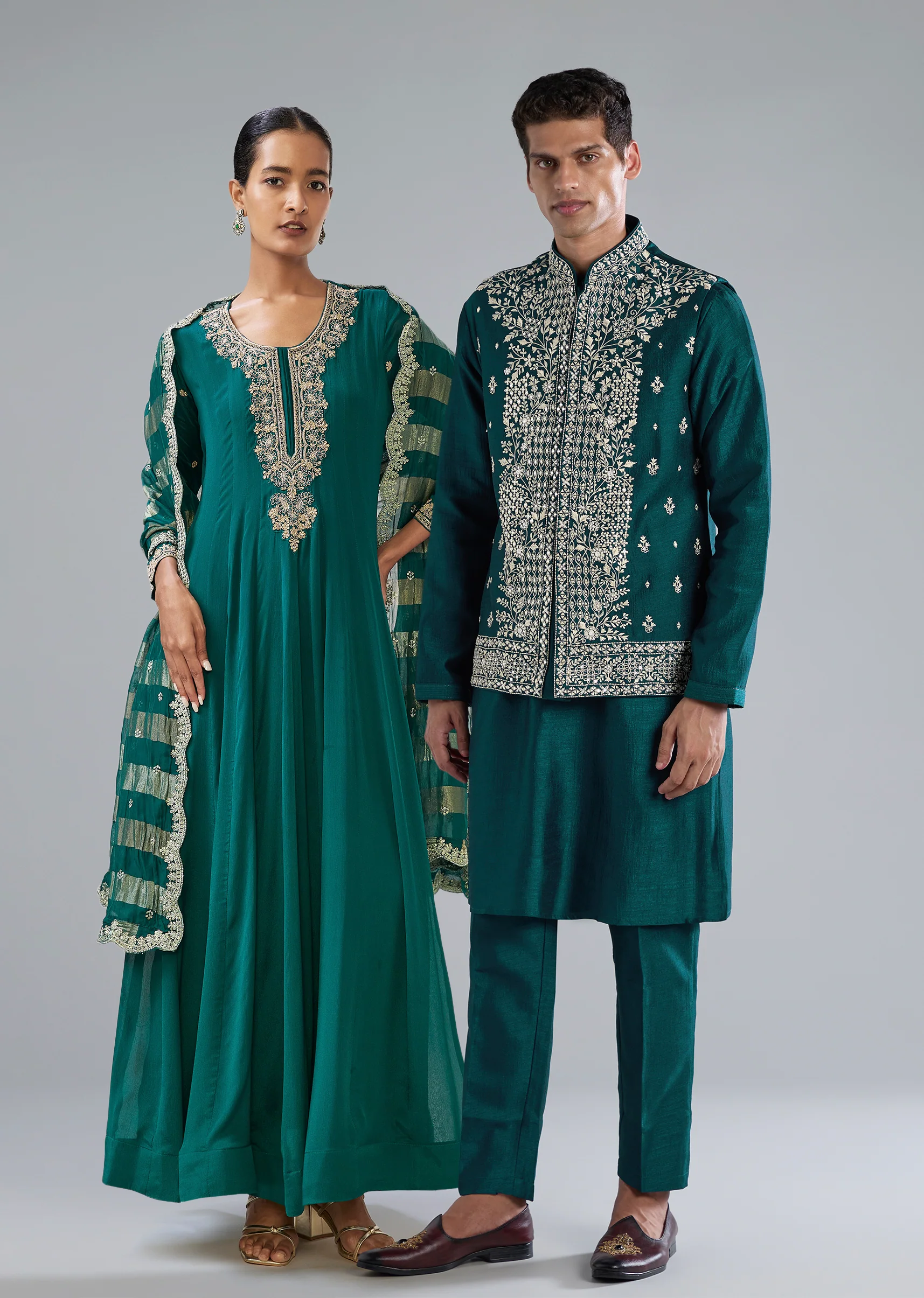Teal & Peacock Duo — Anarkali Set For Her And Kurta Jacket For Him