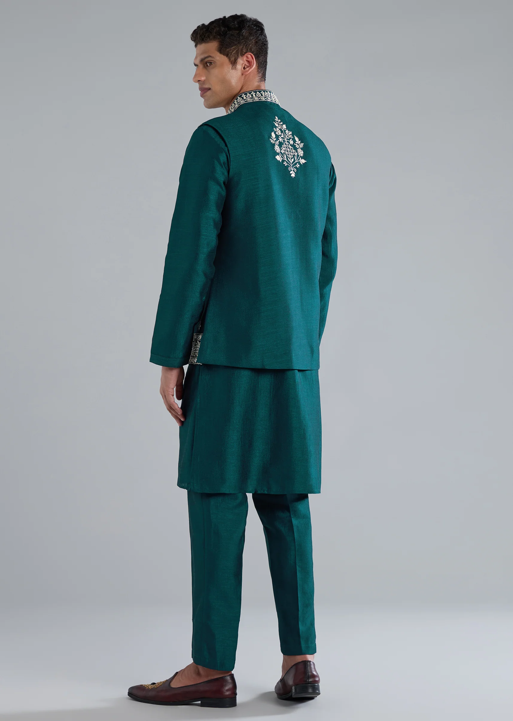 Teal & Peacock Duo — Anarkali Set For Her And Kurta Jacket For Him - Image 10