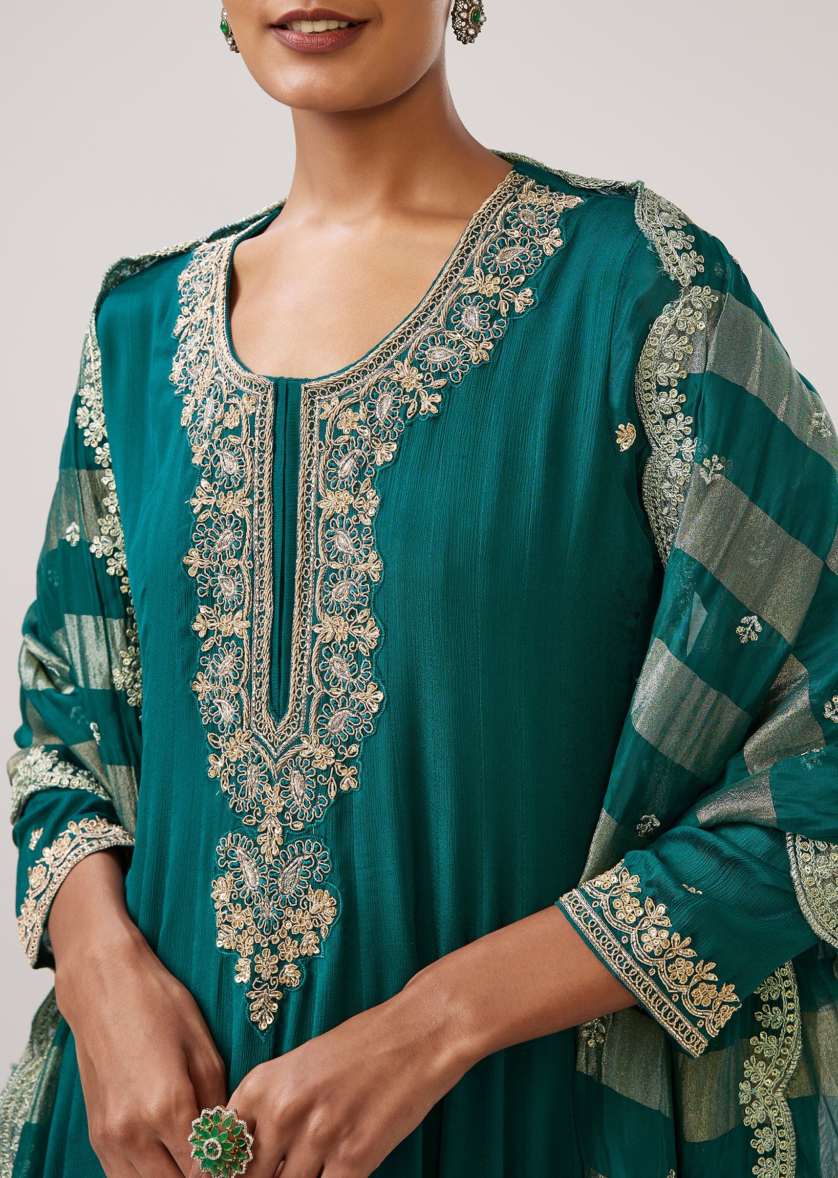 Teal & Peacock Duo — Anarkali Set For Her And Kurta Jacket For Him - Image 2