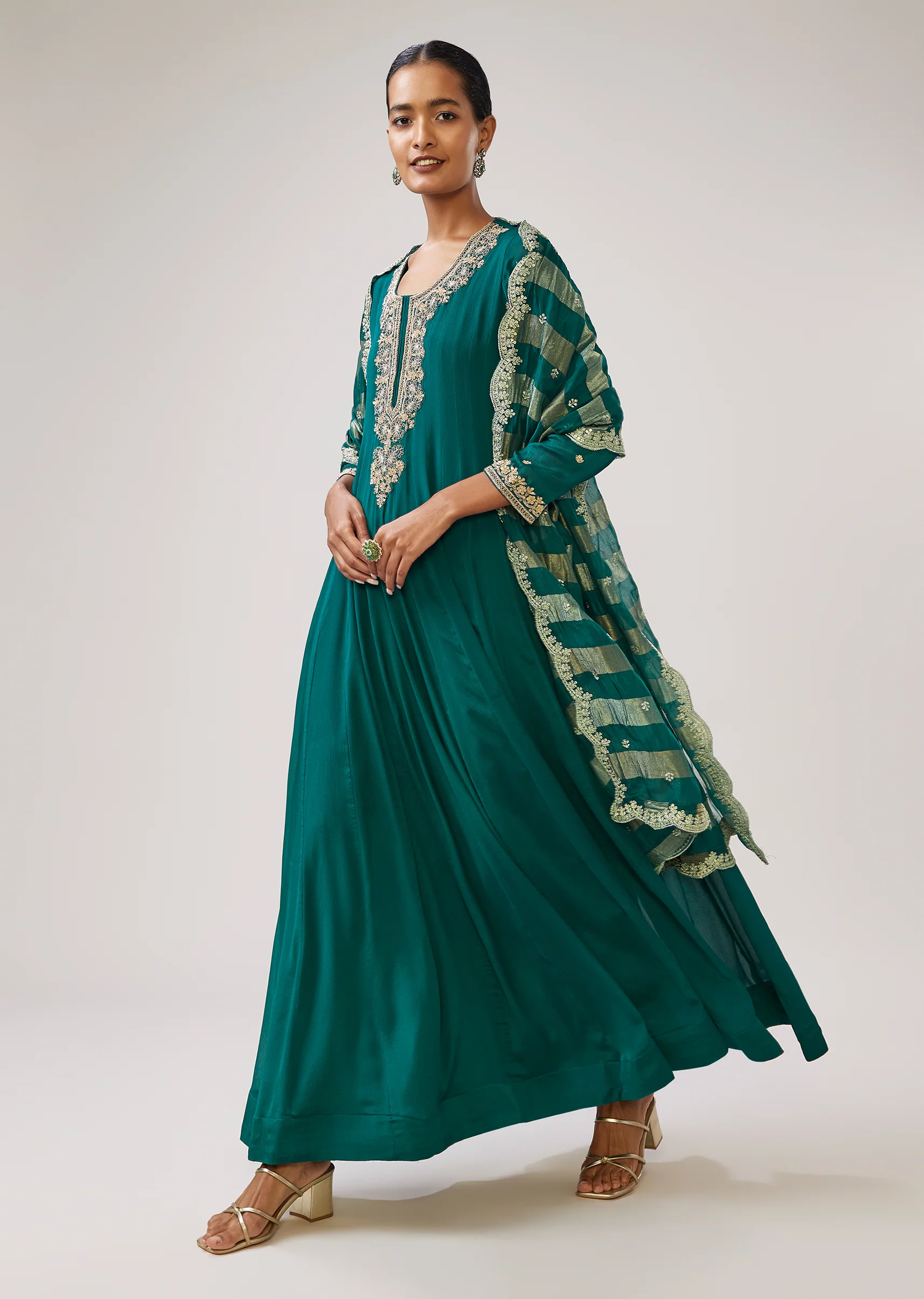 Teal & Peacock Duo — Anarkali Set For Her And Kurta Jacket For Him - Image 3