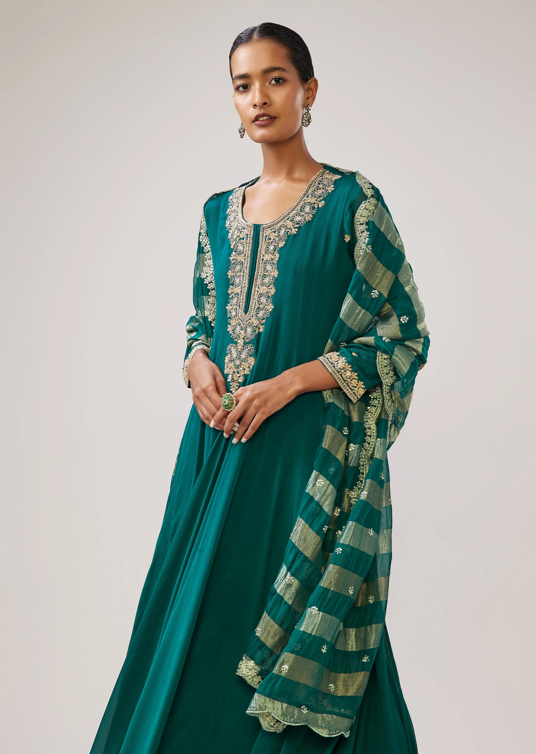 Teal & Peacock Duo — Anarkali Set For Her And Kurta Jacket For Him - Image 4
