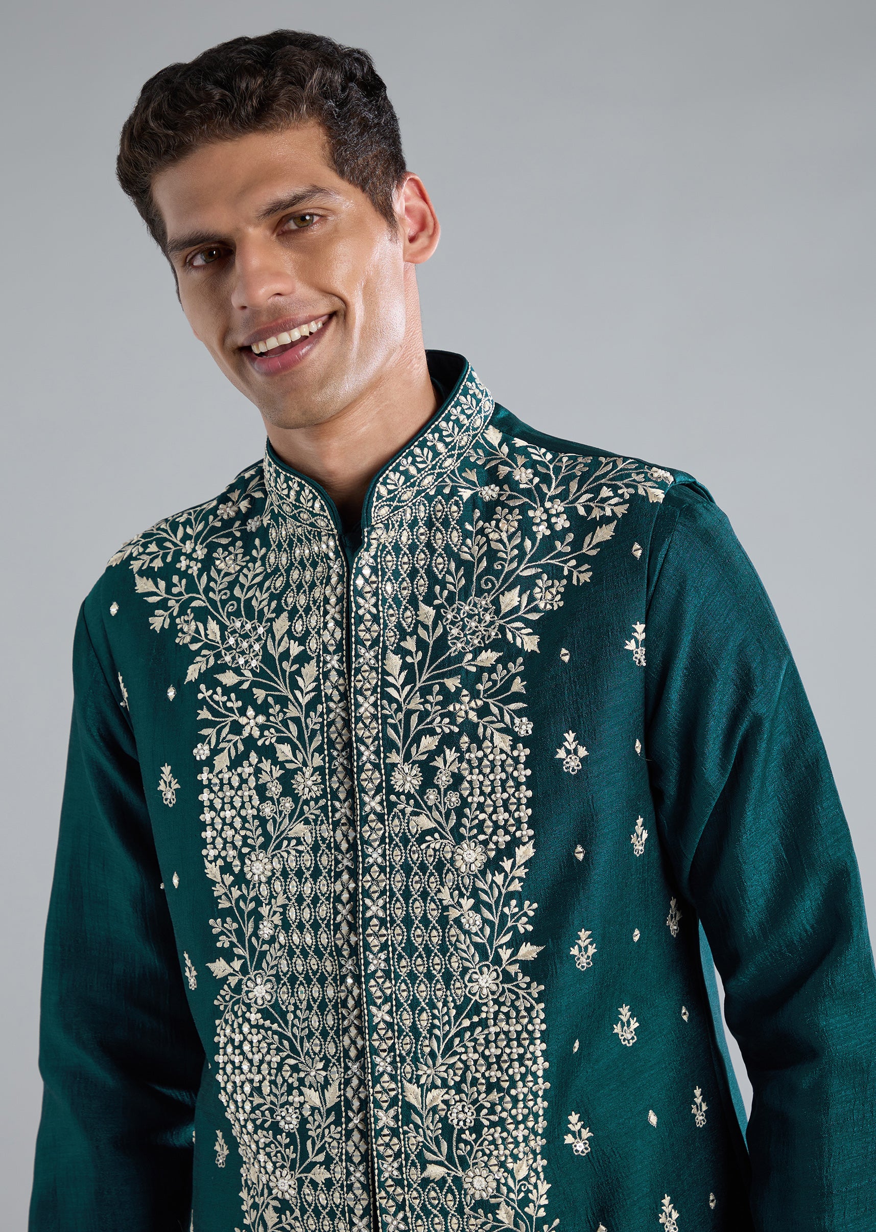 Teal & Peacock Duo — Anarkali Set For Her And Kurta Jacket For Him - Image 6