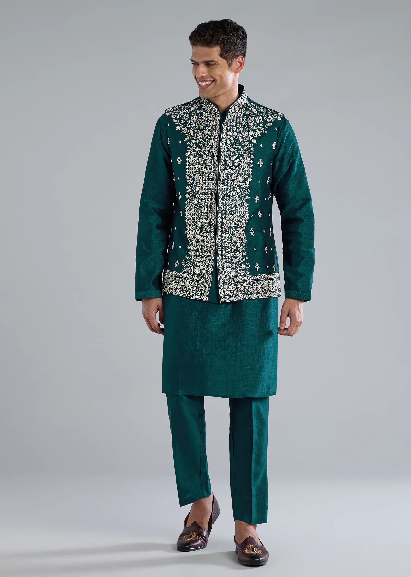 Teal & Peacock Duo — Anarkali Set For Her And Kurta Jacket For Him - Image 7