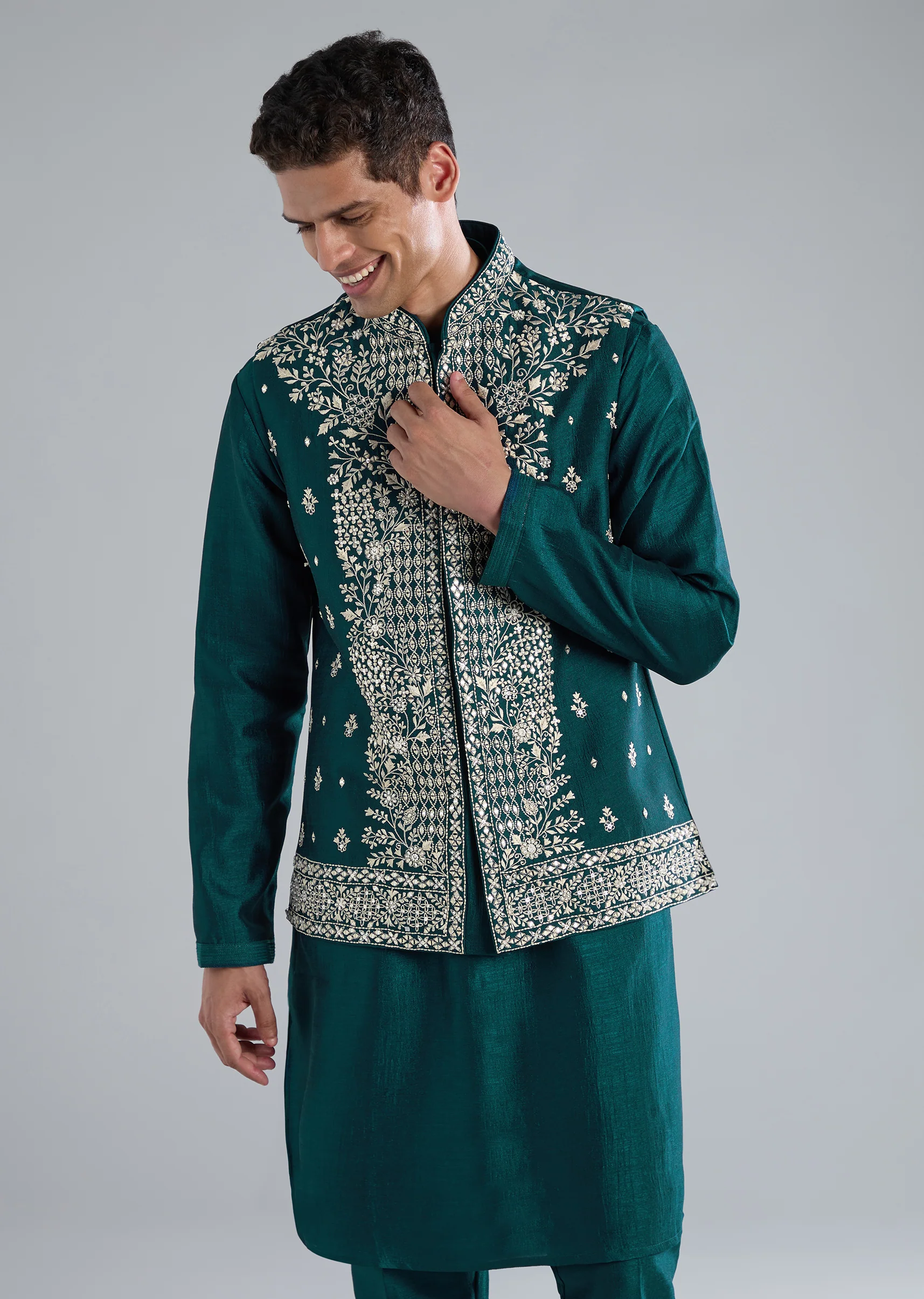 Teal & Peacock Duo — Anarkali Set For Her And Kurta Jacket For Him - Image 8