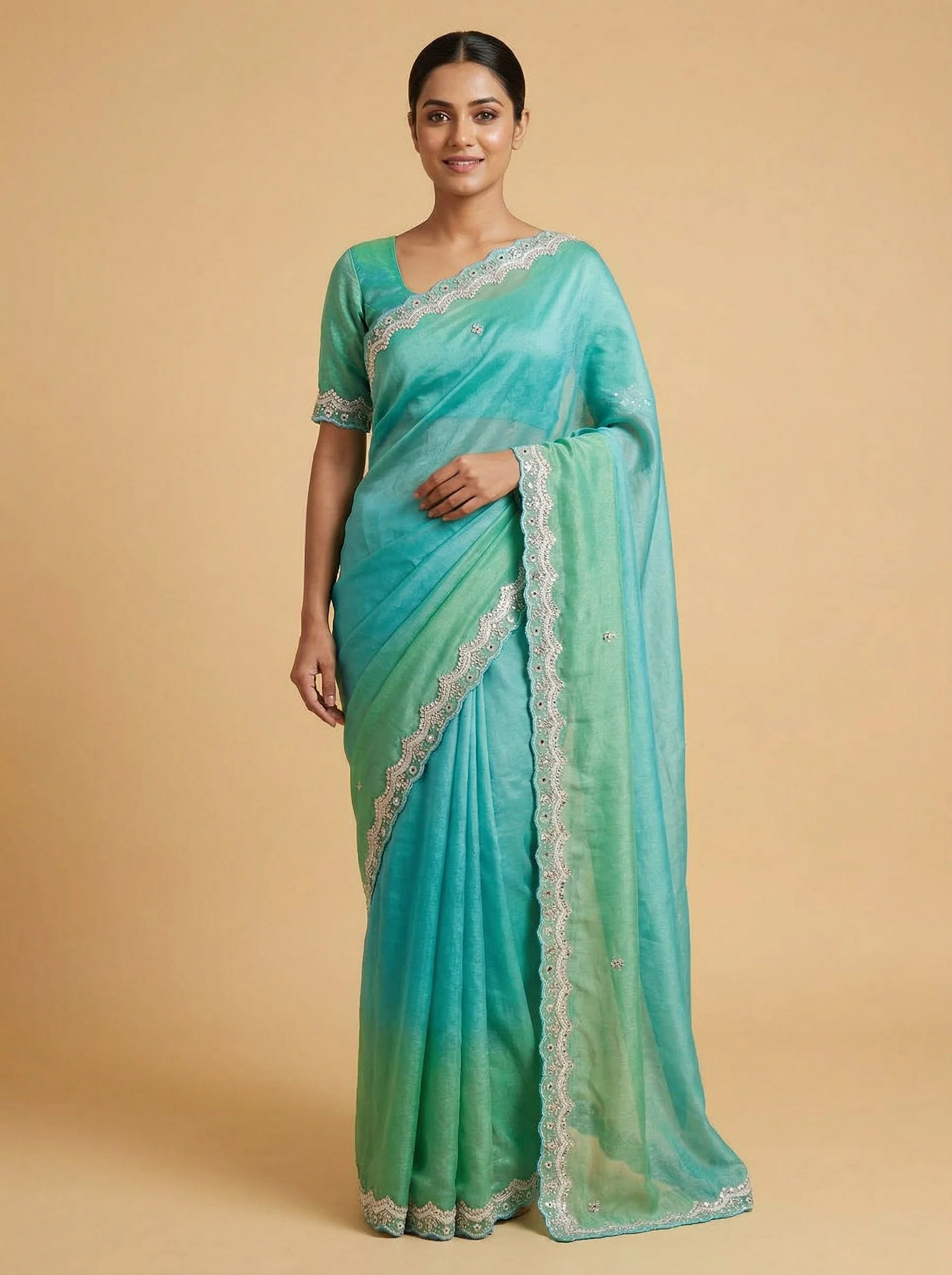 Teal Rama Blue Embroidered Saree