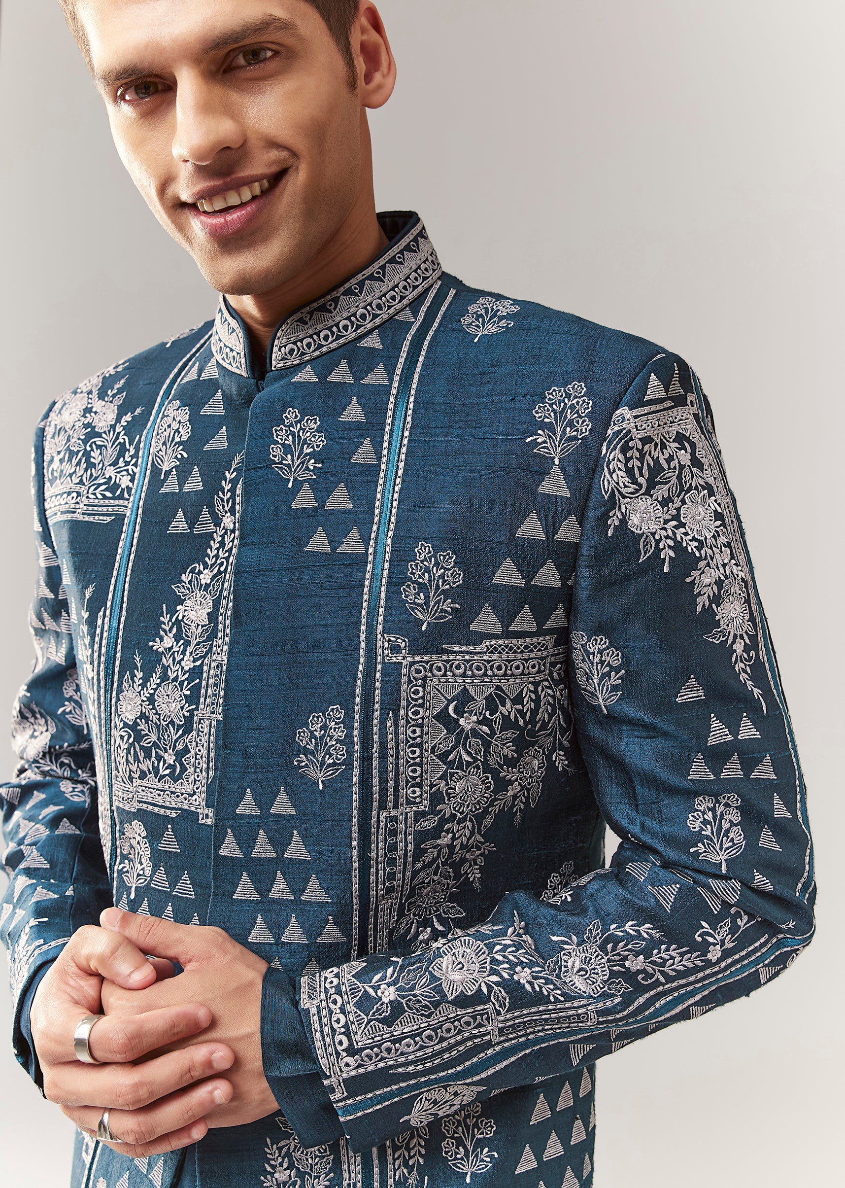Teal Raw Silk Indo Western With Resham Work - Image 2