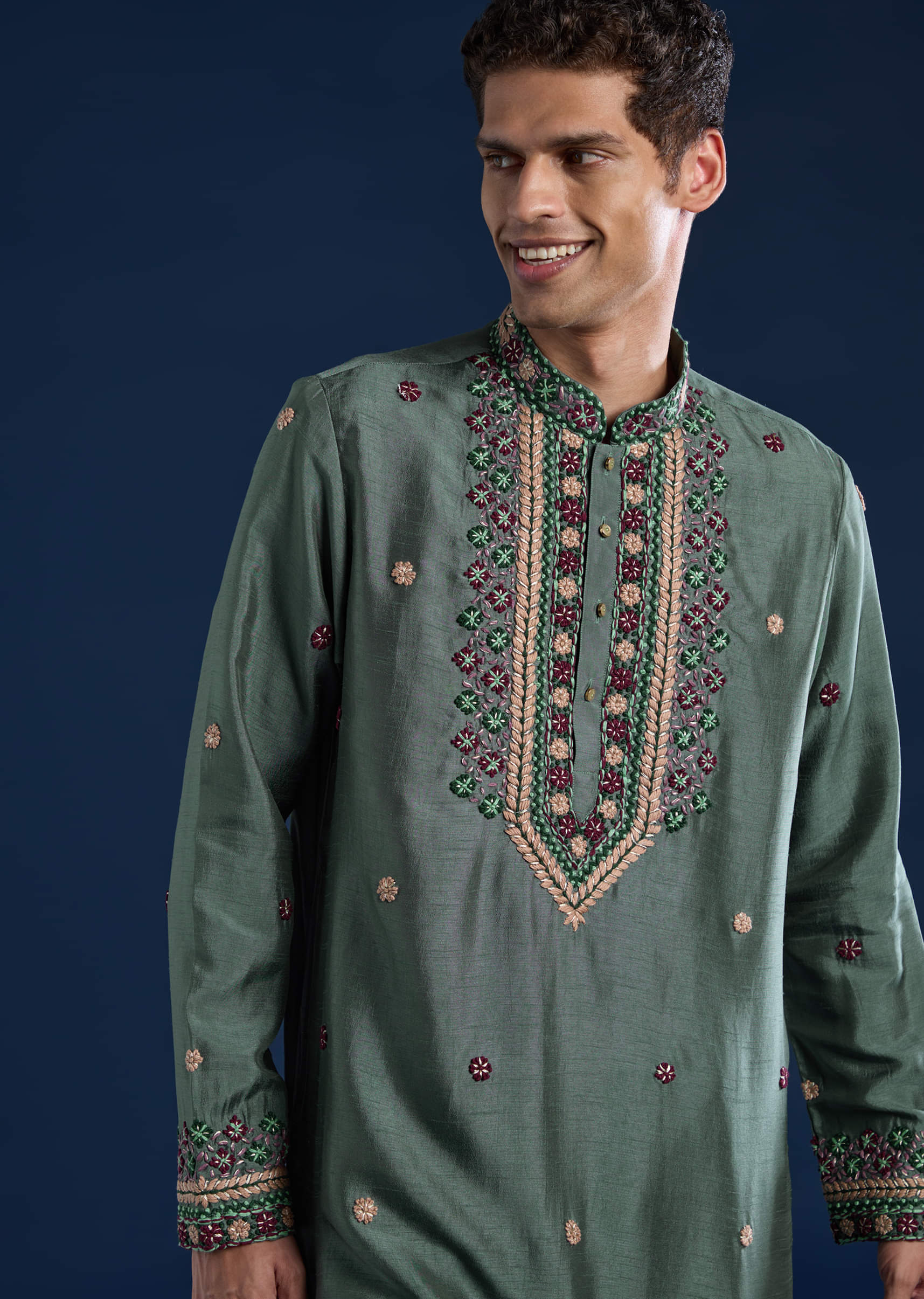 Teal Resham Embroidered Mens Kurta and Pant Set - Image 2