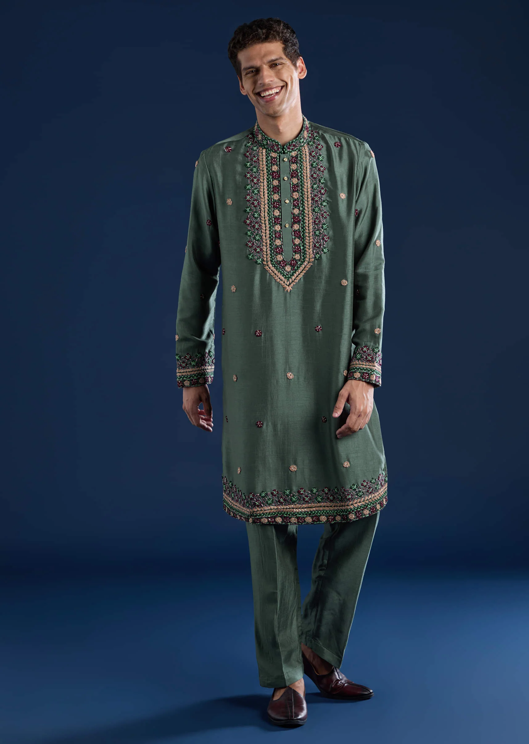 Teal Resham Embroidered Mens Kurta and Pant Set - Image 3