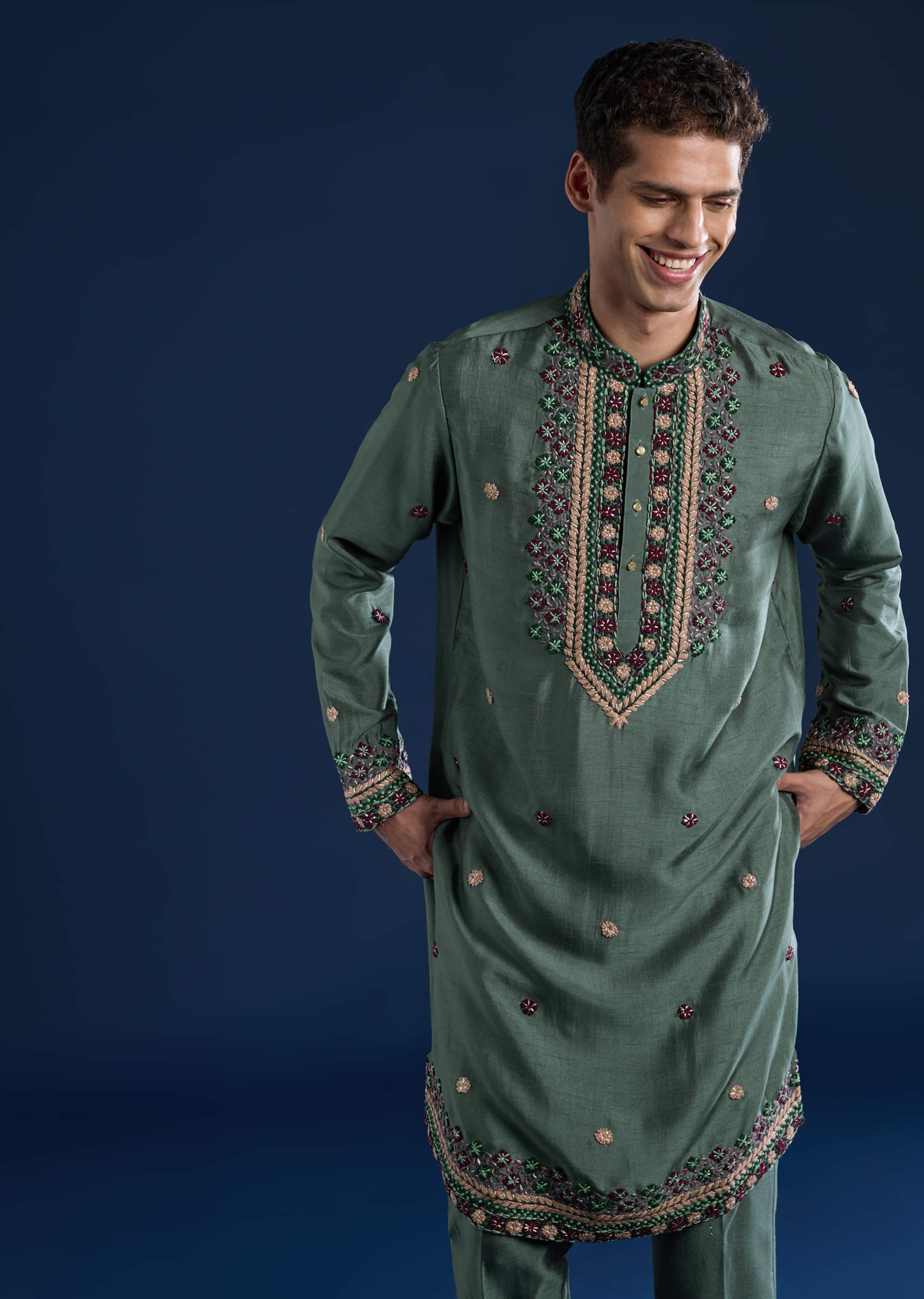 Teal Resham Embroidered Mens Kurta and Pant Set - Image 4