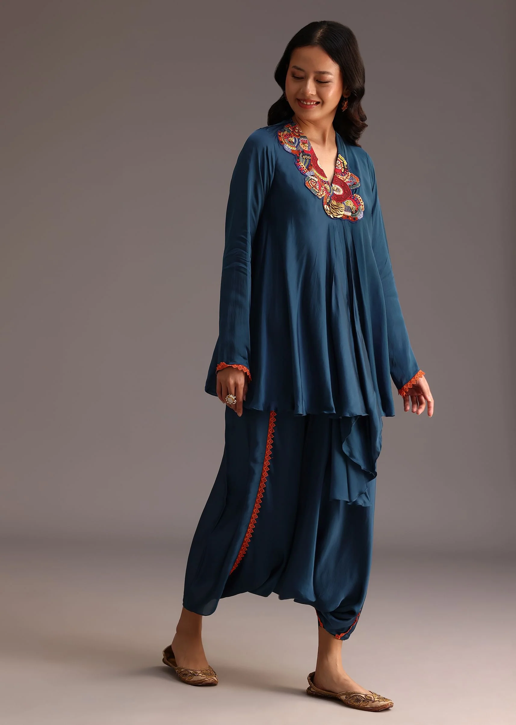 Teal Resham Work Kurti And Bohemian Dhoti - Image 3