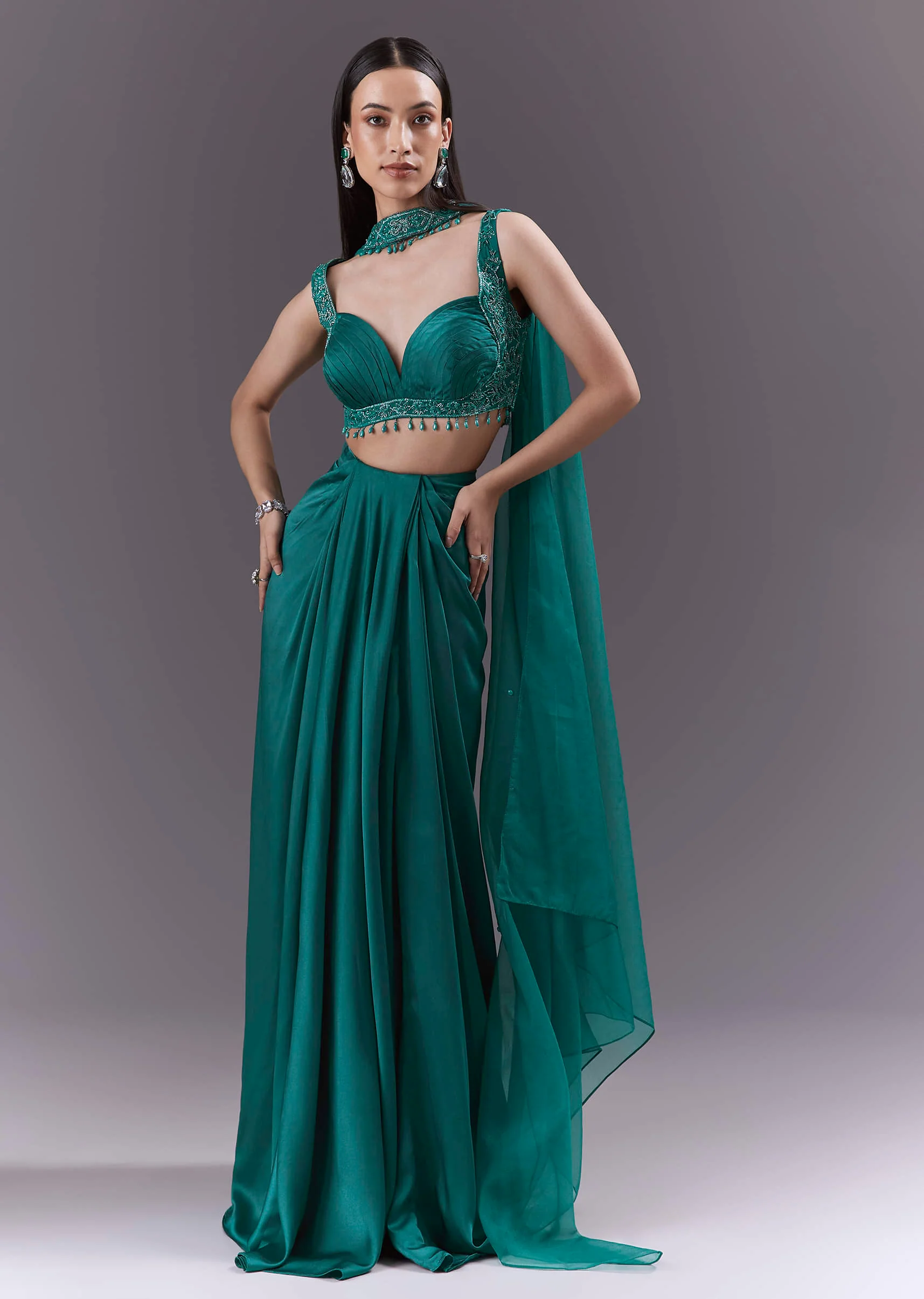 Teal Satin Crop Top And Drape Skirt Set With Heavy Embroidery - Image 4