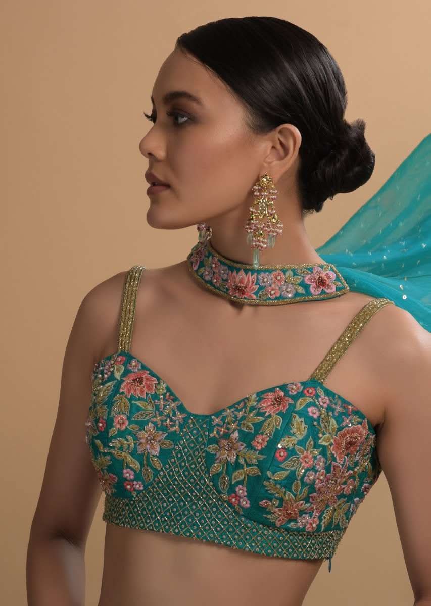 Teal Sharara And Crop Top Set With Colorful Resham, Cut Dana And Moti Embroidered Spring Blooms - Image 2