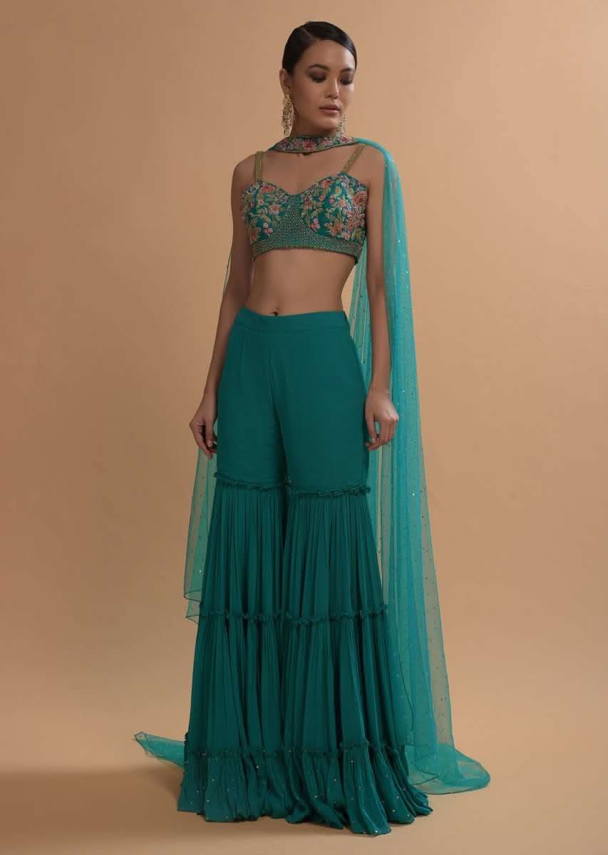 Teal Sharara And Crop Top Set With Colorful Resham, Cut Dana And Moti Embroidered Spring Blooms - Image 3