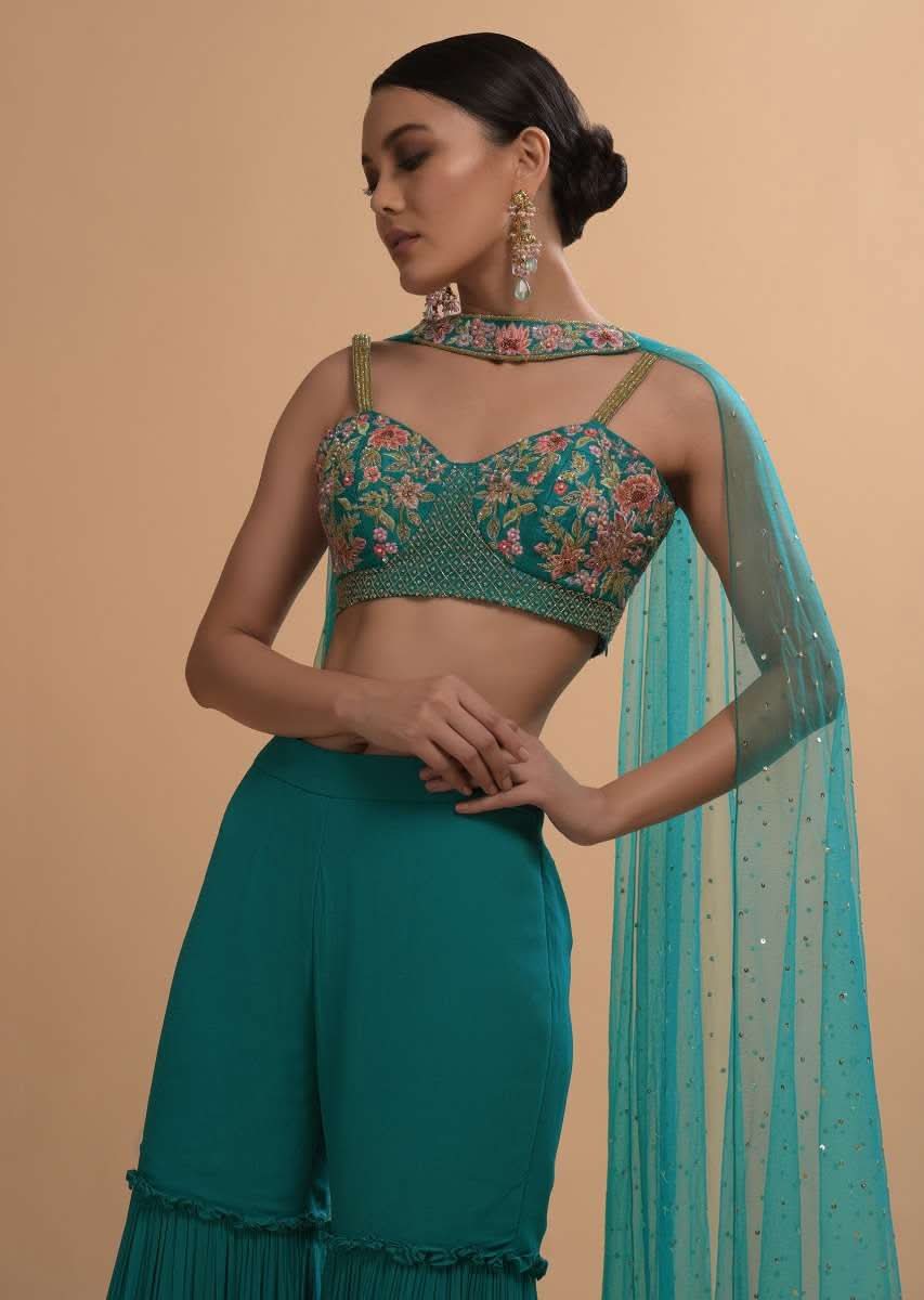 Teal Sharara And Crop Top Set With Colorful Resham, Cut Dana And Moti Embroidered Spring Blooms - Image 4