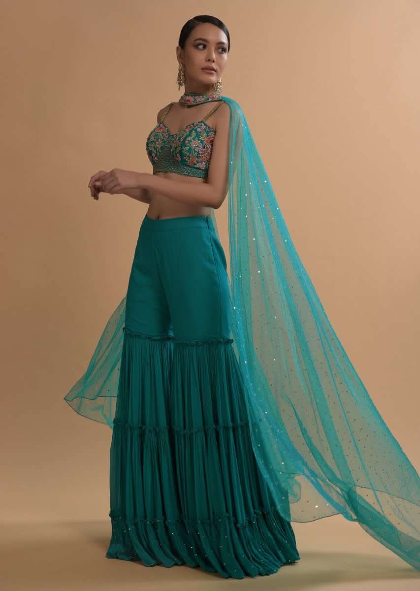 Teal Sharara And Crop Top Set With Colorful Resham, Cut Dana And Moti Embroidered Spring Blooms - Image 5