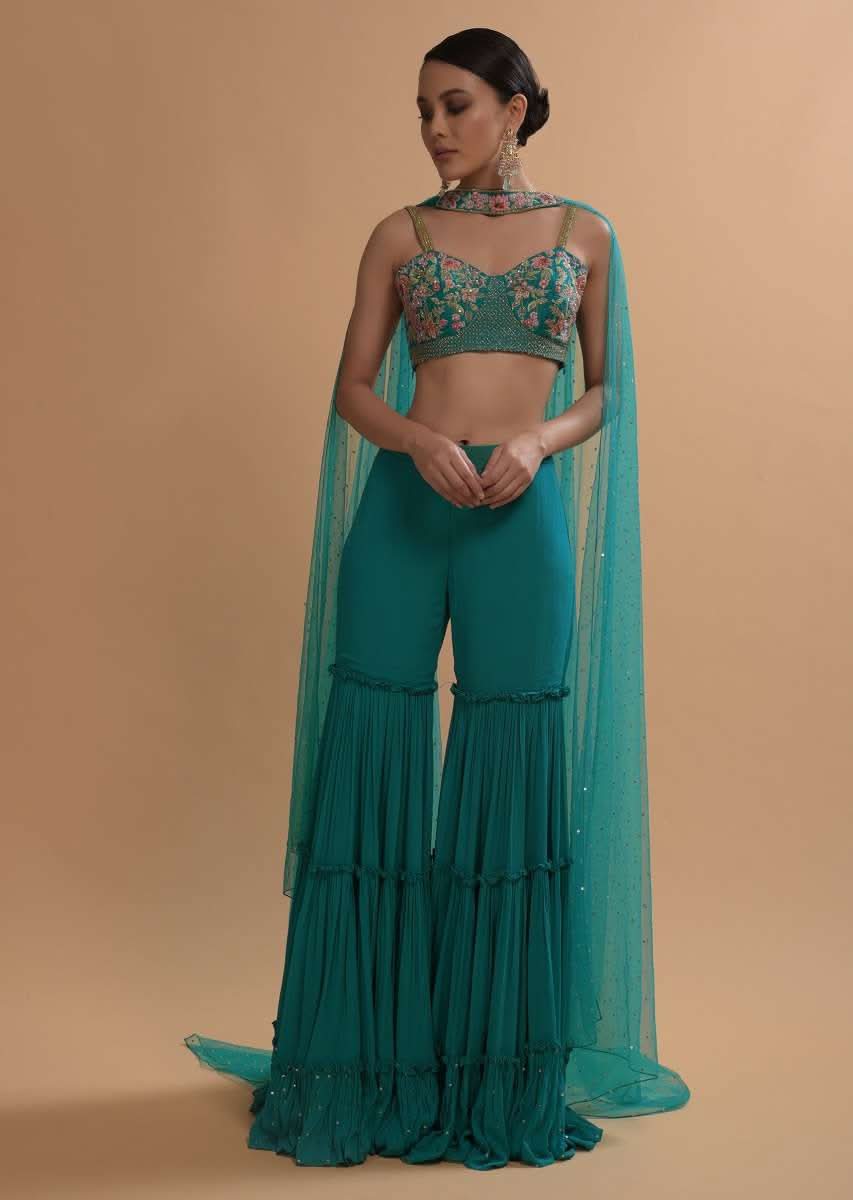 Teal Sharara And Crop Top Set With Colorful Resham, Cut Dana And Moti Embroidered Spring Blooms - Image 8