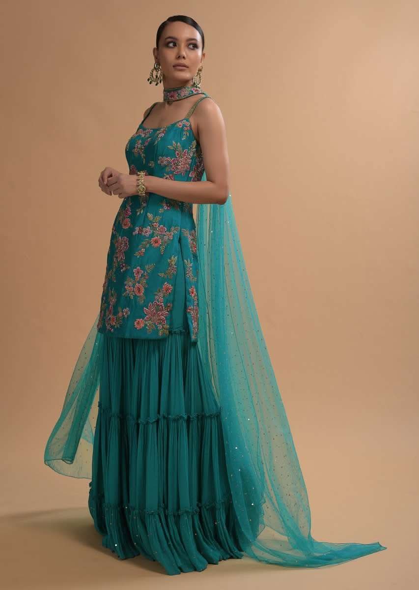 Teal Sharara Suit With Colorful Resham, Cut Dana And Moti Embroidered Spring Blossoms - Image 3