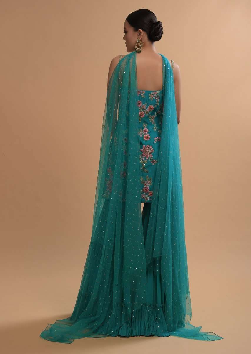 Teal Sharara Suit With Colorful Resham, Cut Dana And Moti Embroidered Spring Blossoms - Image 4