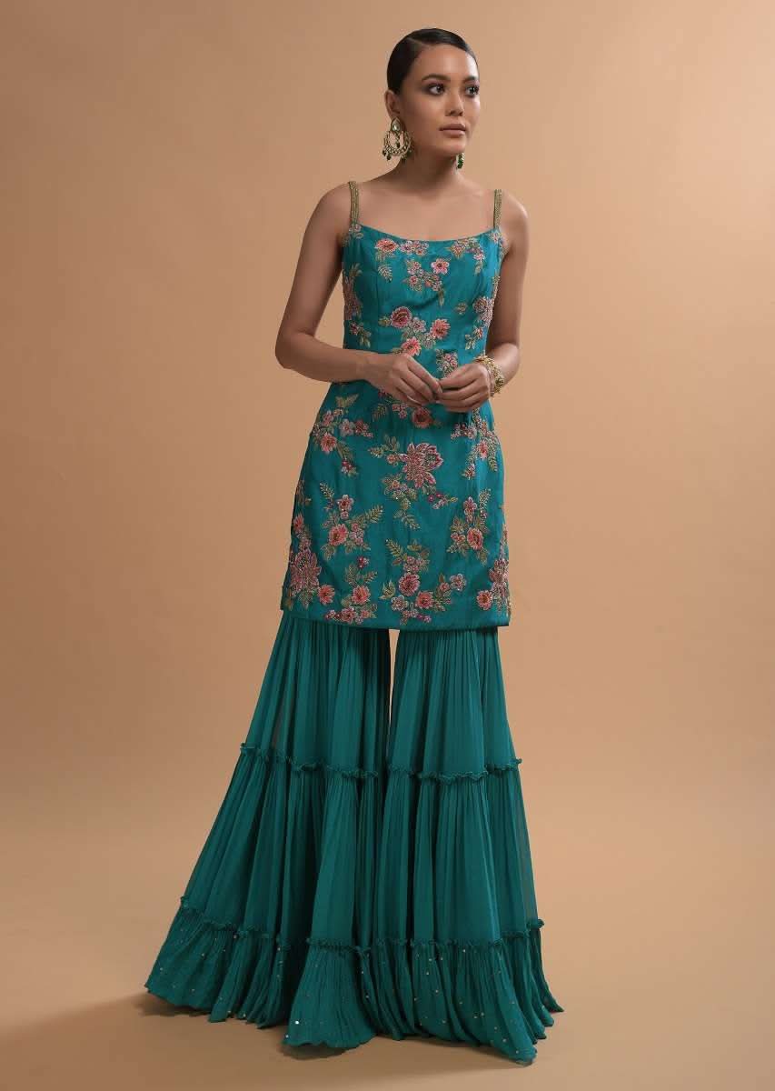 Teal Sharara Suit With Colorful Resham, Cut Dana And Moti Embroidered Spring Blossoms - Image 5
