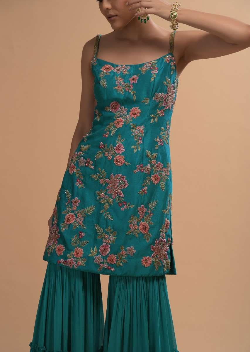 Teal Sharara Suit With Colorful Resham, Cut Dana And Moti Embroidered Spring Blossoms - Image 6