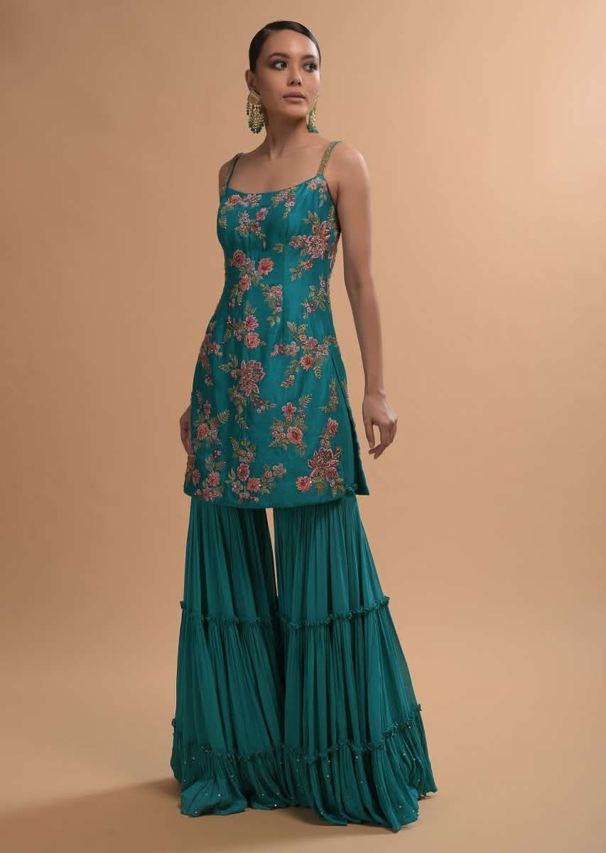 Teal Sharara Suit With Colorful Resham, Cut Dana And Moti Embroidered Spring Blossoms - Image 7