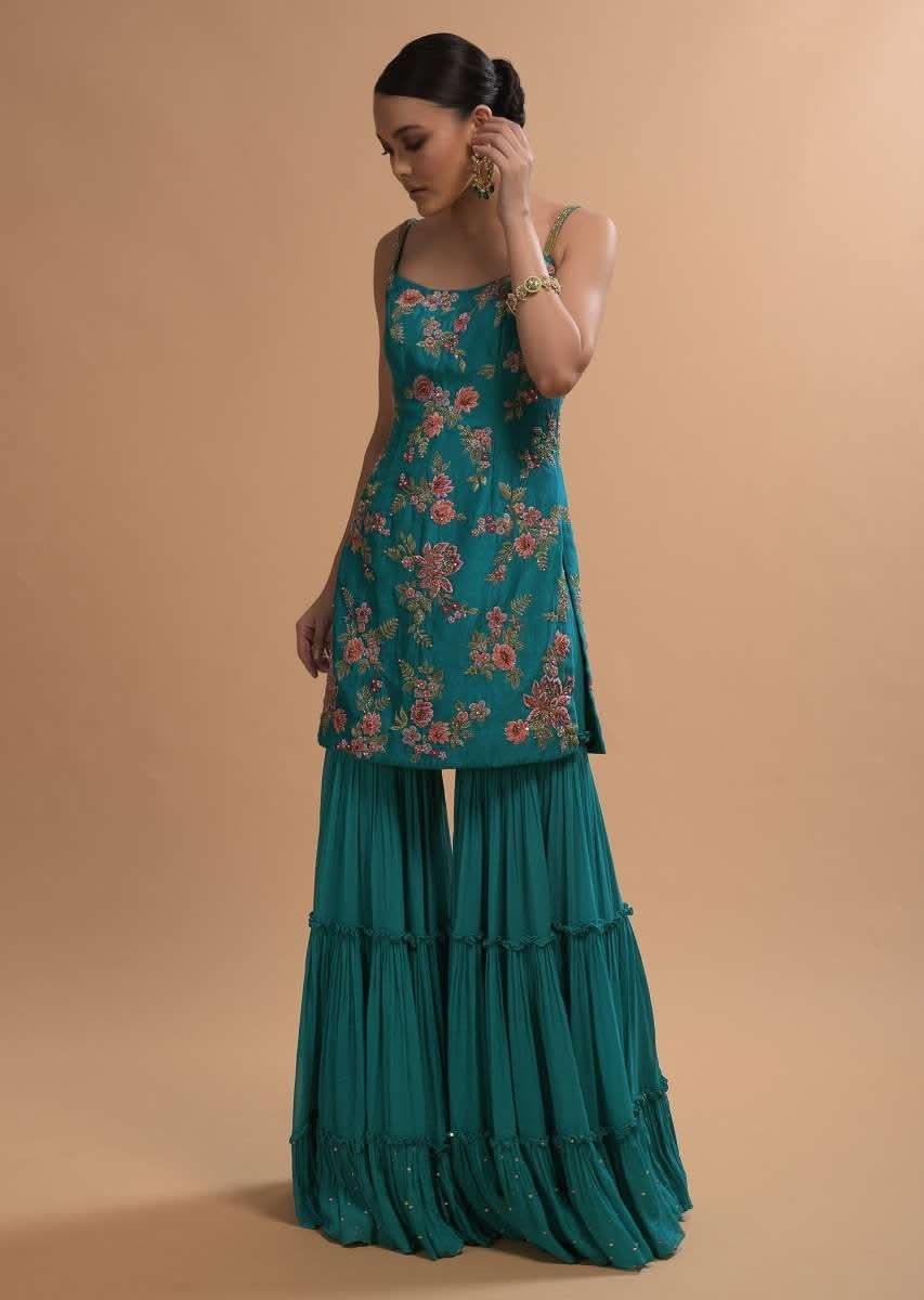Teal Sharara Suit With Colorful Resham, Cut Dana And Moti Embroidered Spring Blossoms - Image 8