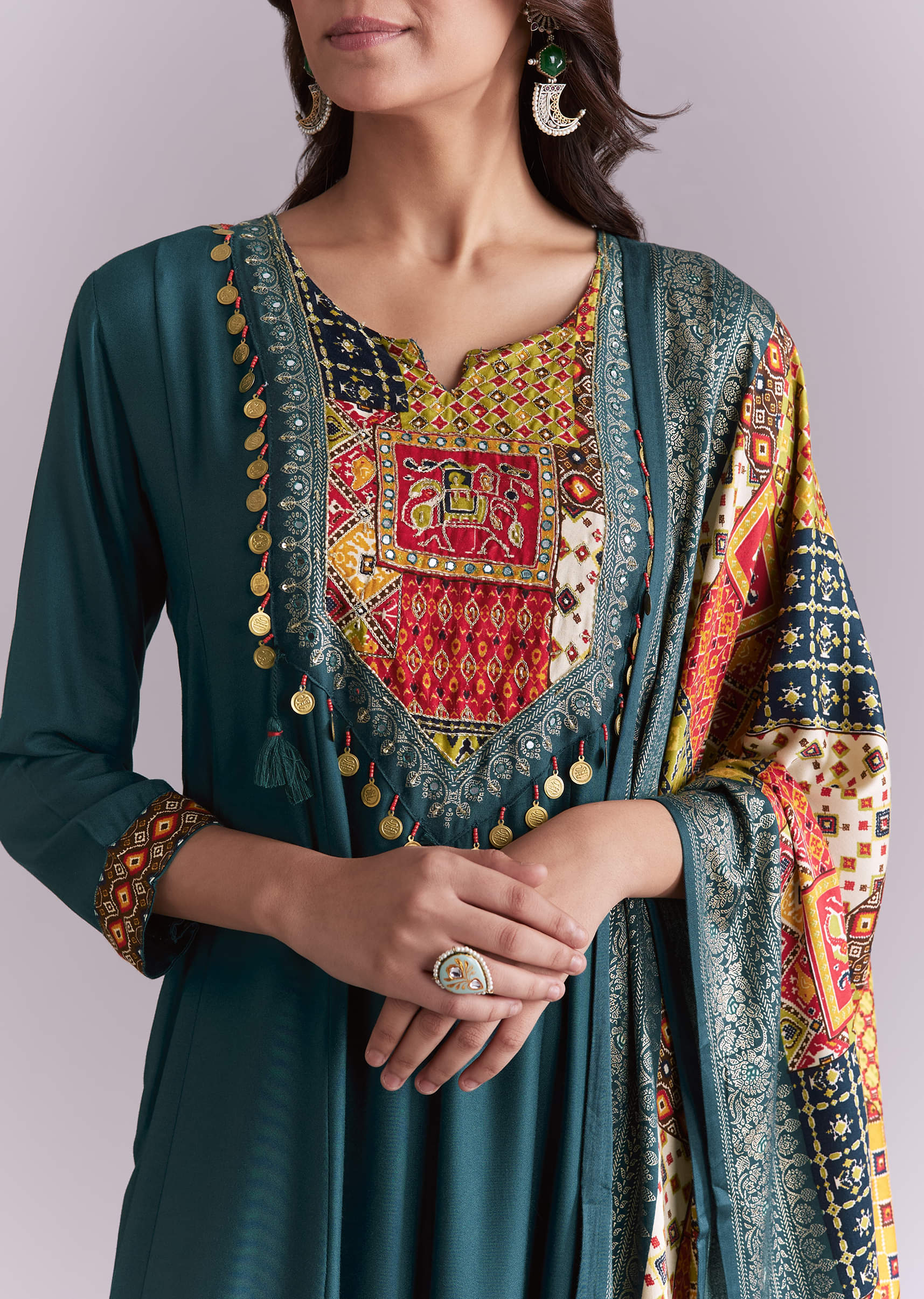 Teal Silk Anarkali Suit With Embroidery And Printed Patch Work - Image 2