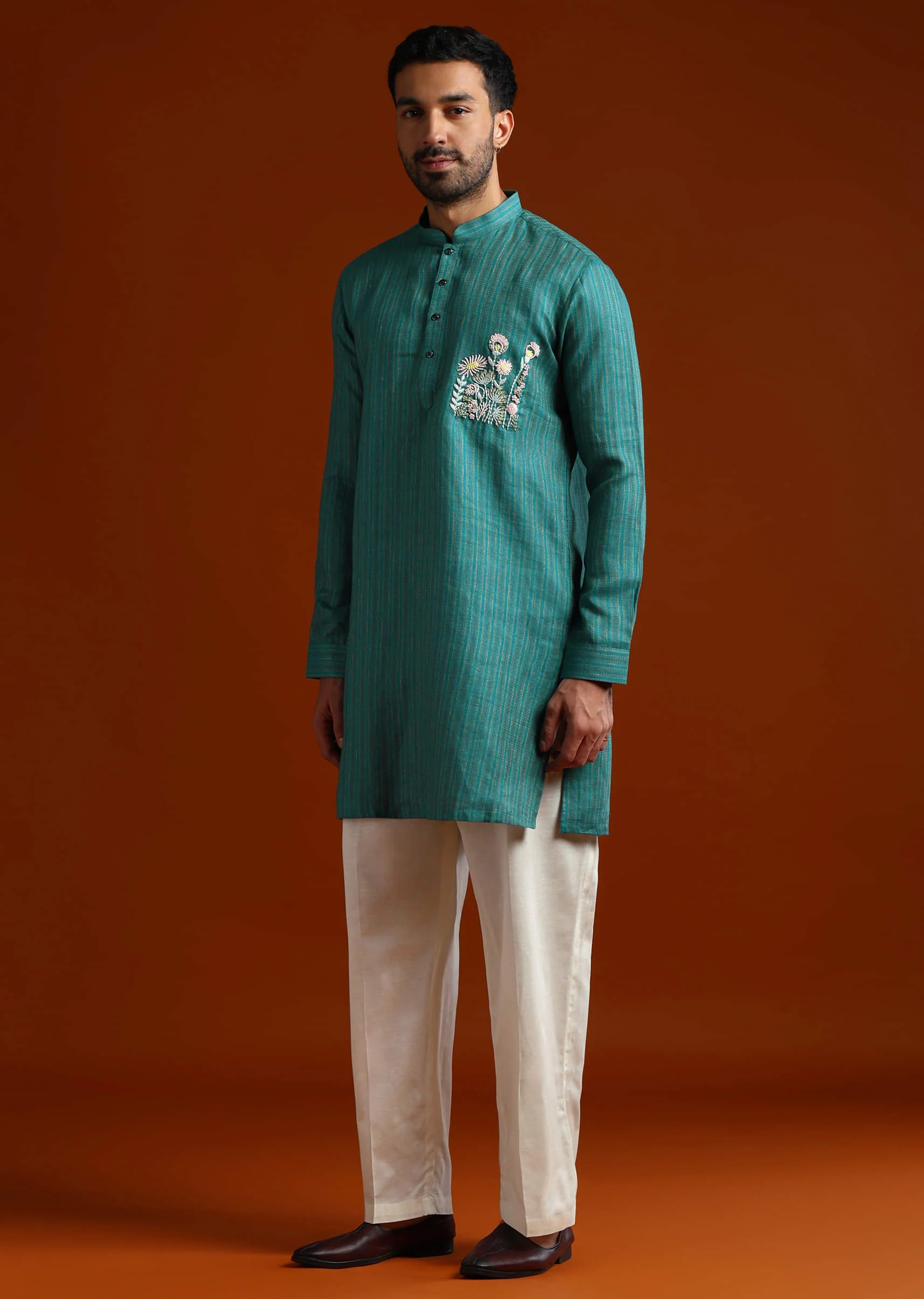 Teal Textured Kurta Set For Men With Thread Embroidery - Image 3