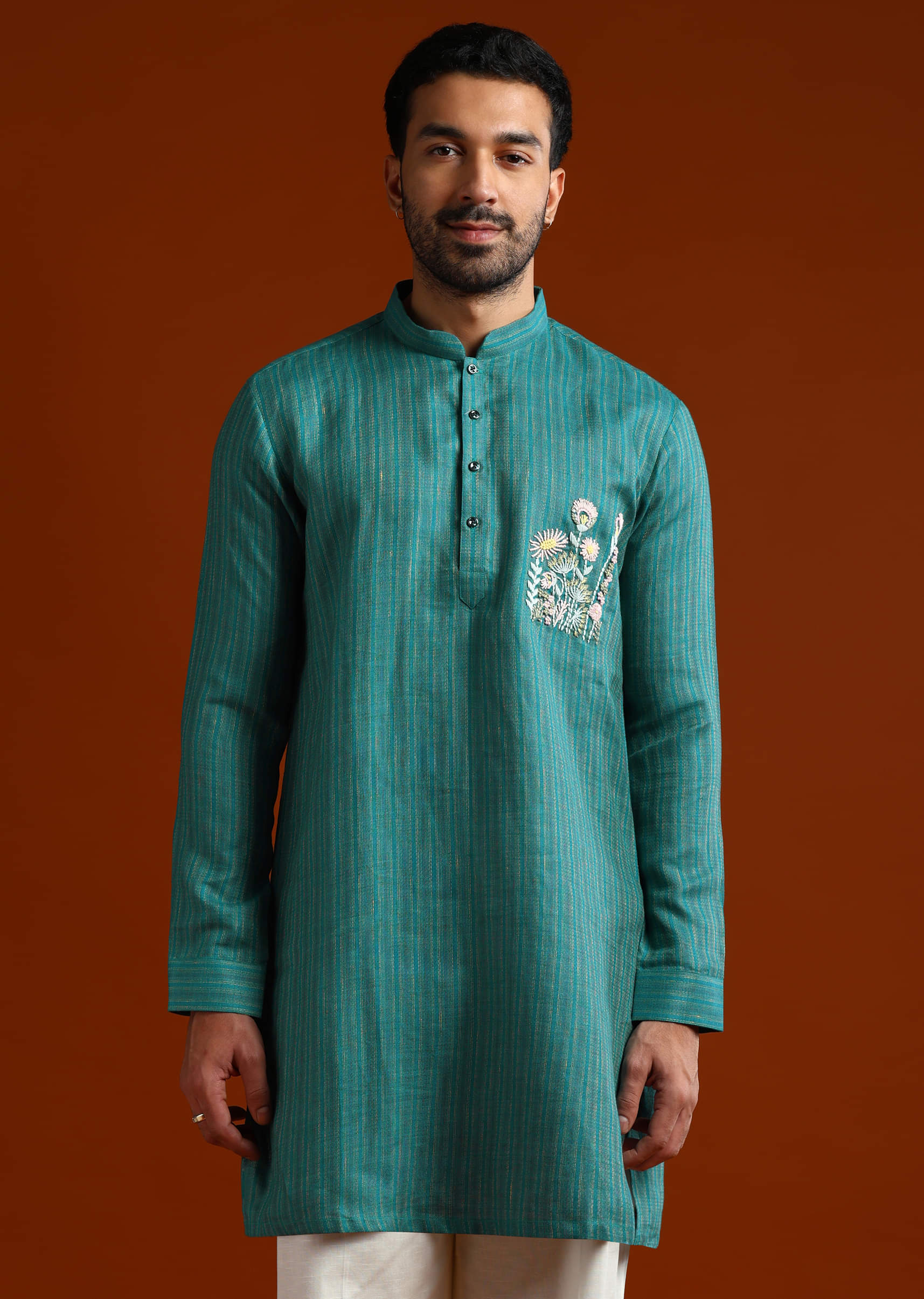 Teal Textured Kurta Set For Men With Thread Embroidery - Image 4