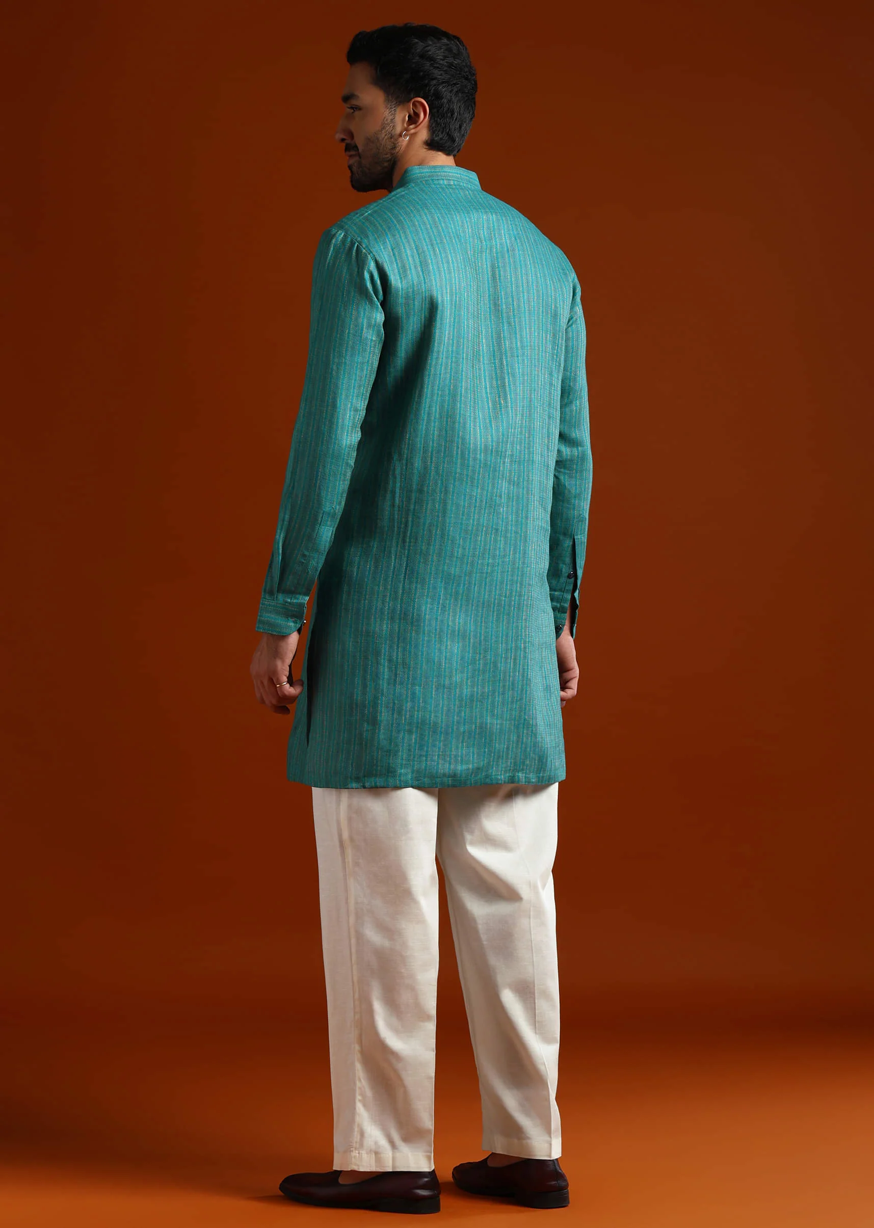 Teal Textured Kurta Set For Men With Thread Embroidery - Image 5