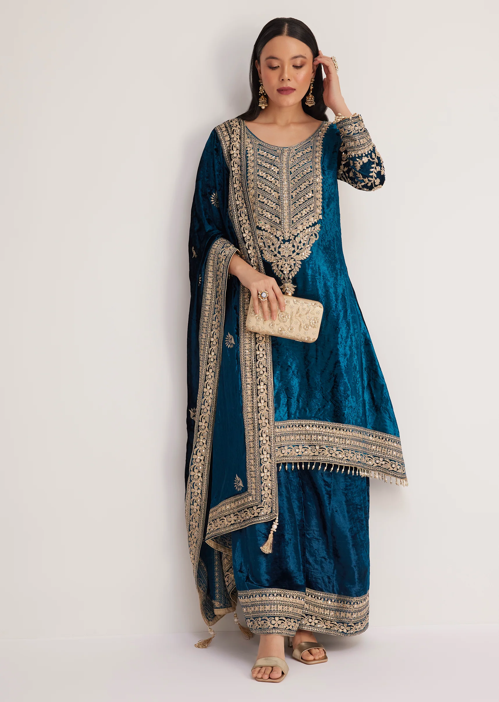 Teal Velvet Embroidered Palazzo Suit - Image 4