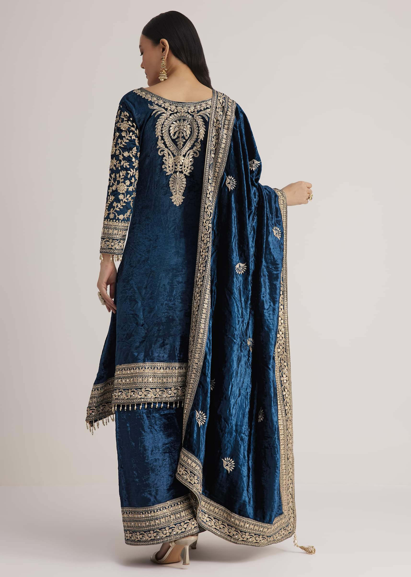 Teal Velvet Embroidered Palazzo Suit - Image 5