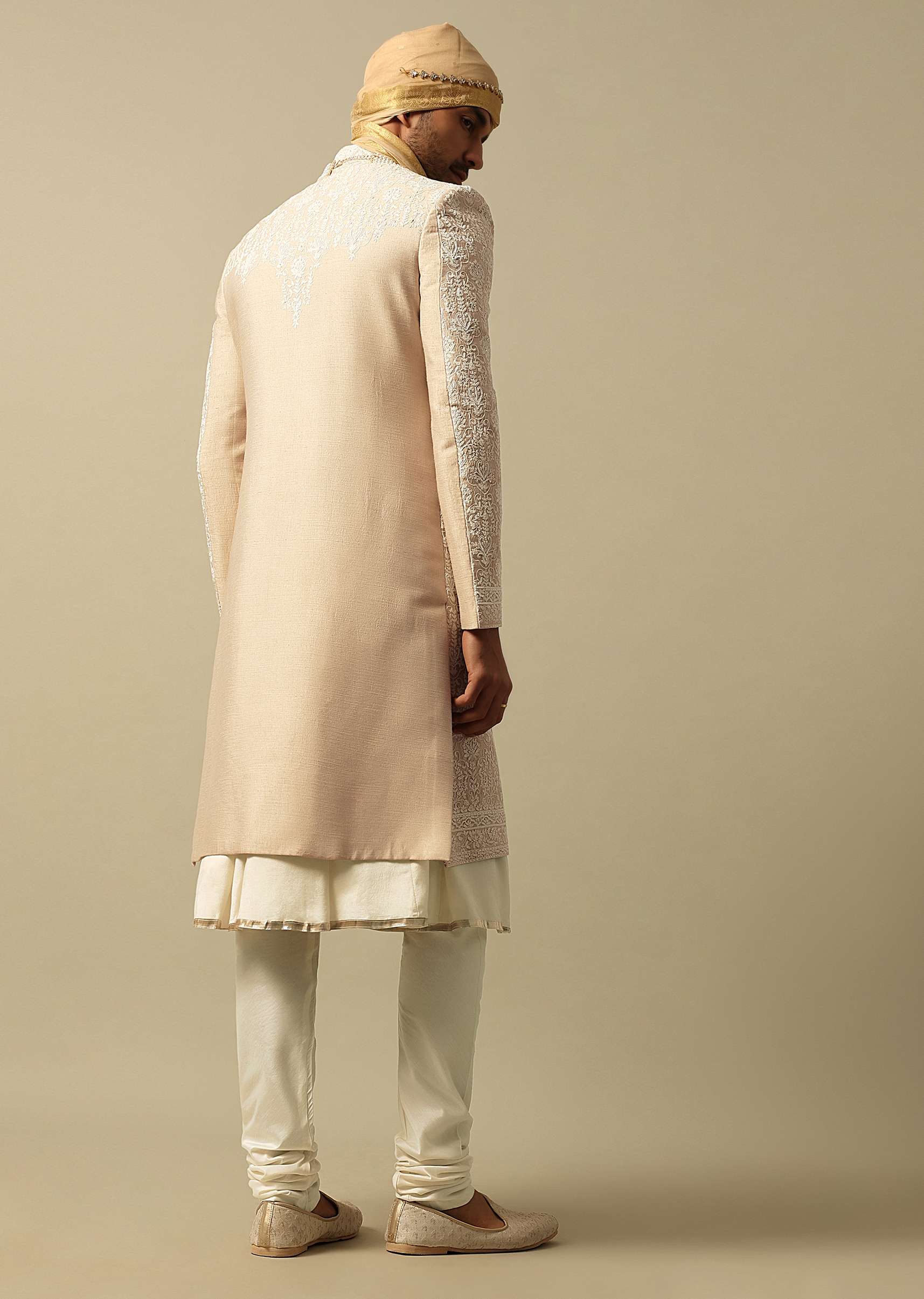 Timeless Beige Banarasi Silk Sherwani - Image 5