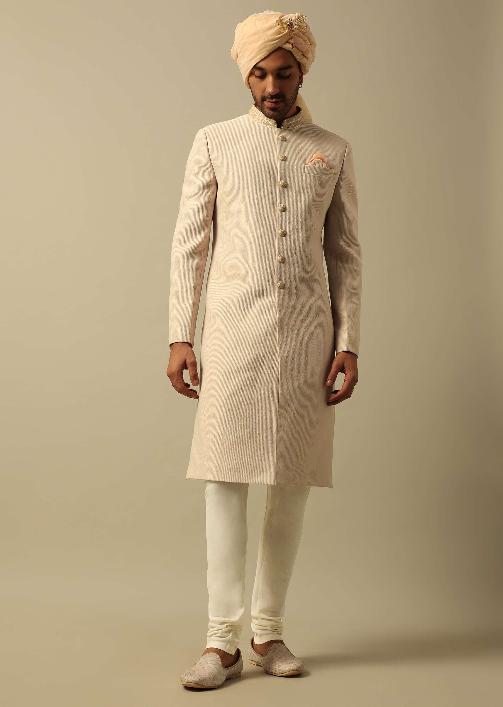 Timeless Beige Cotton Silk Sherwani Set - Image 2