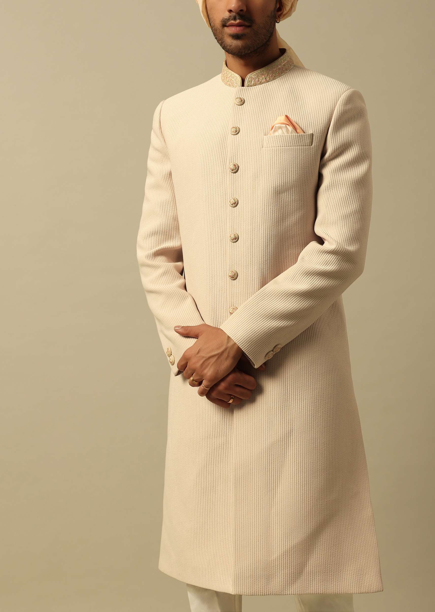 Timeless Beige Cotton Silk Sherwani Set - Image 3