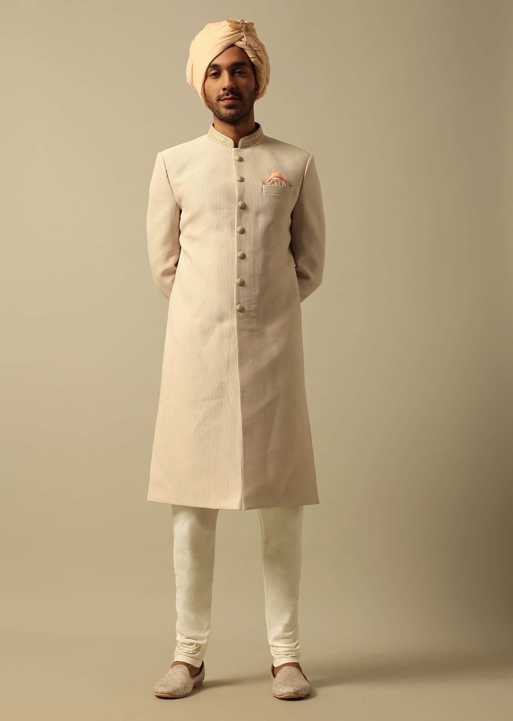 Timeless Beige Cotton Silk Sherwani Set - Image 4